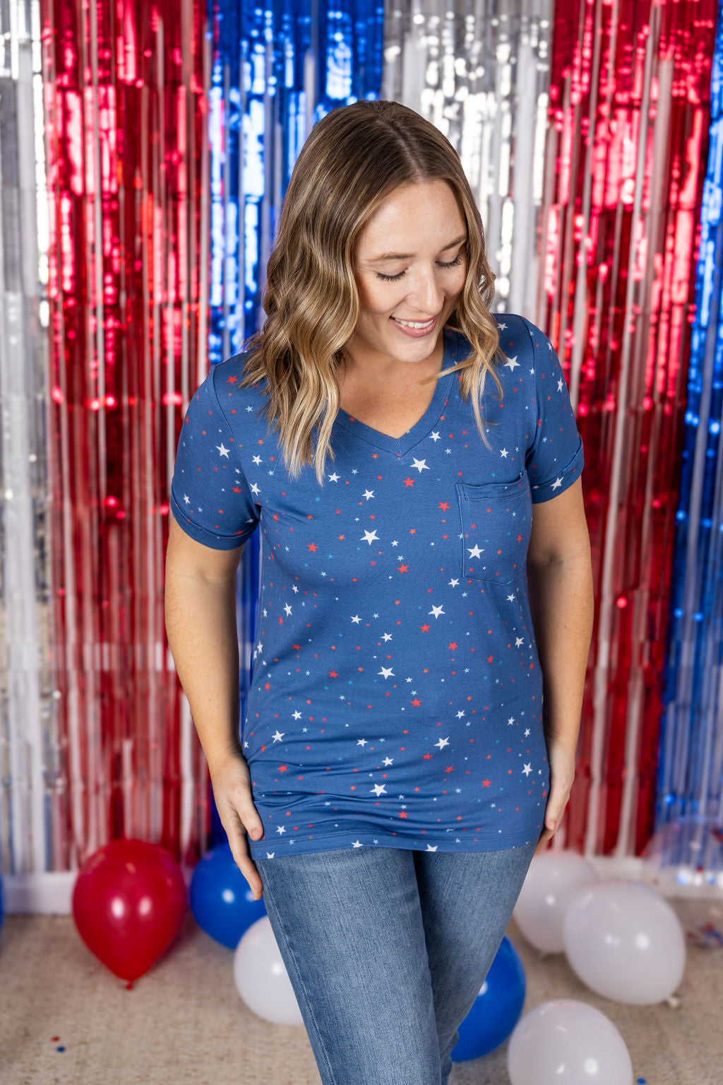 IN STOCK Sophie Pocket Tee - Blue Liberty Stars