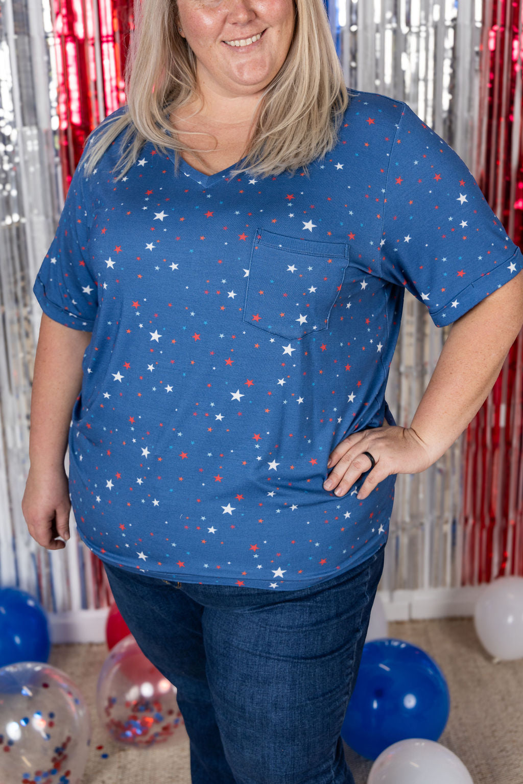 IN STOCK Sophie Pocket Tee - Blue Liberty Stars