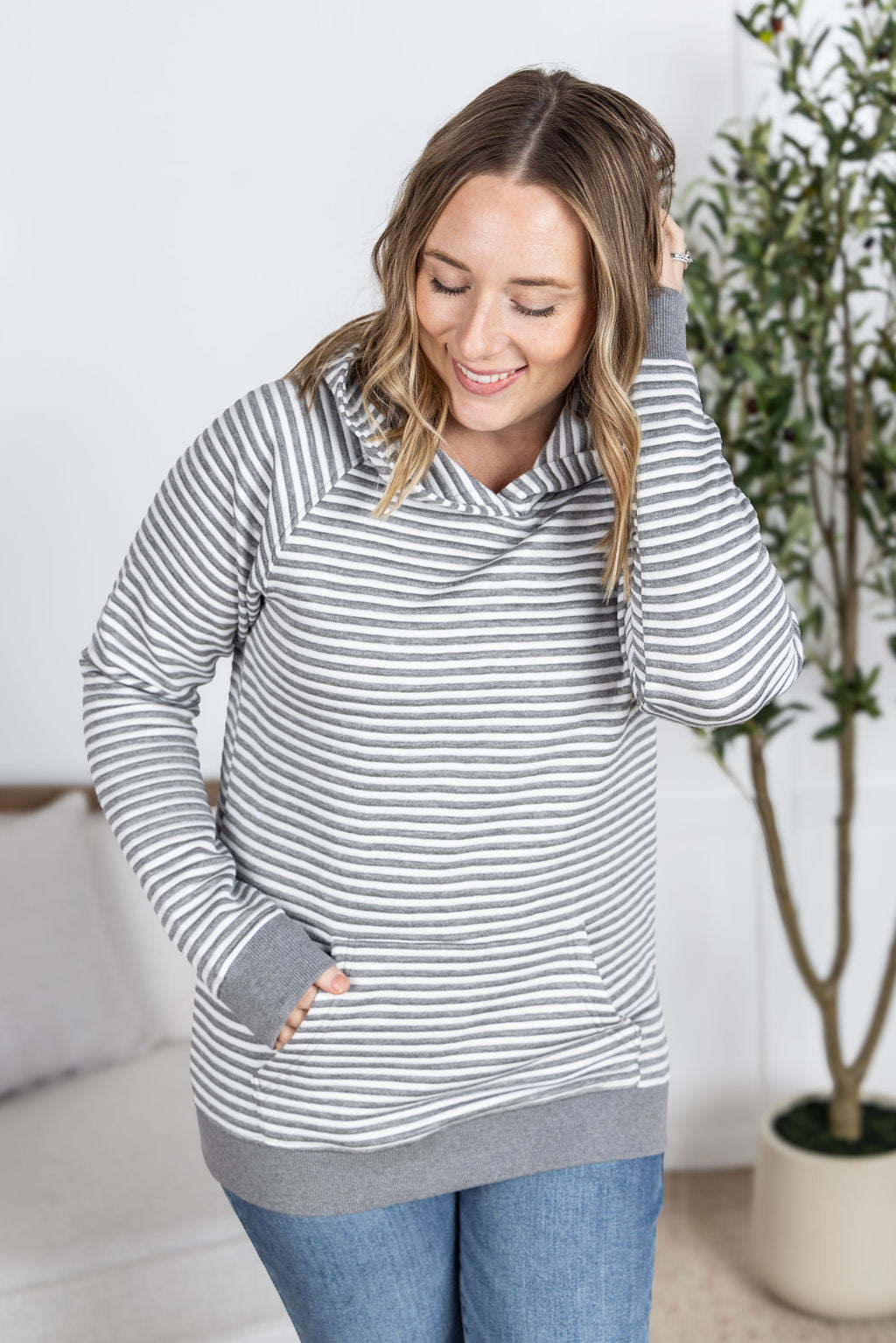 IN STOCK Tatum Textured Pullover Hoodie - Charcoal Stripes