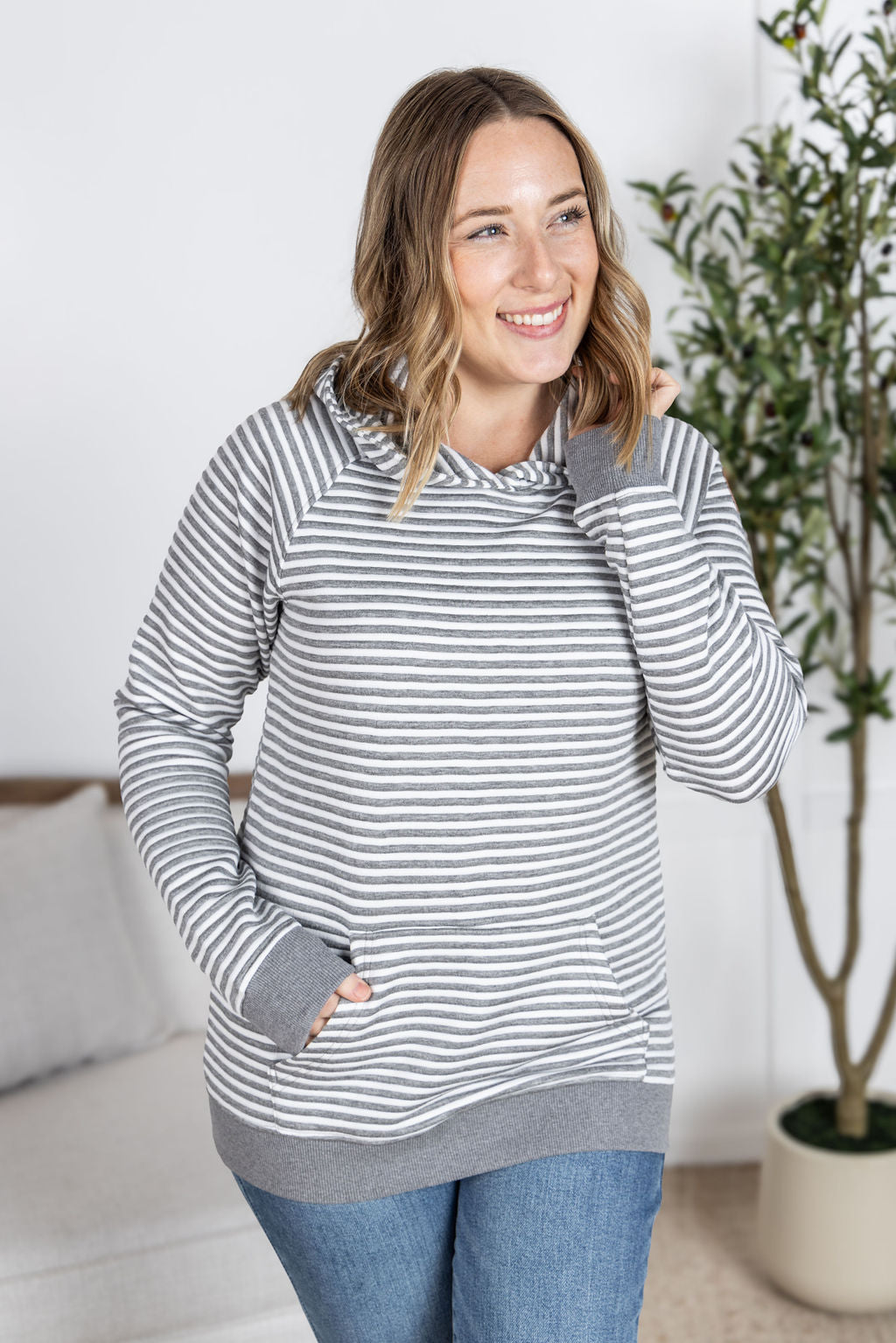 IN STOCK Tatum Textured Pullover Hoodie - Charcoal Stripes