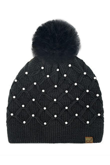 ALLOVER PEARL CROCHET POM BEANIE HAT- CC
