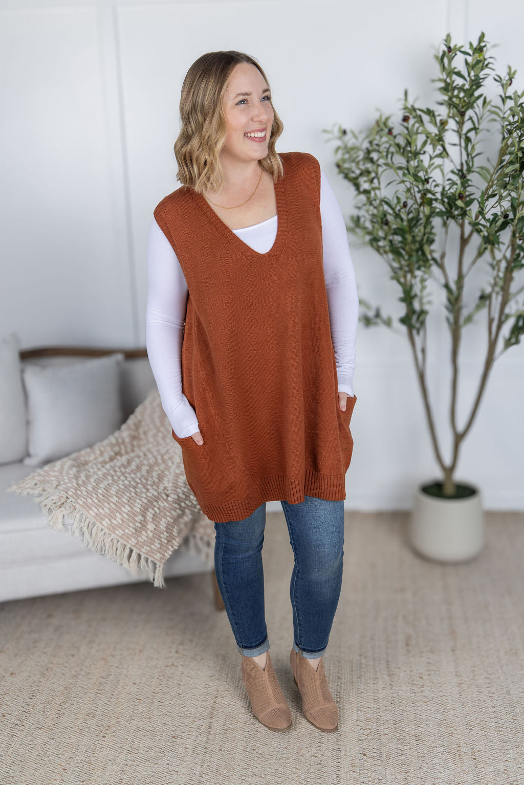 IN STOCK Tunic Sweater Vest - Rust