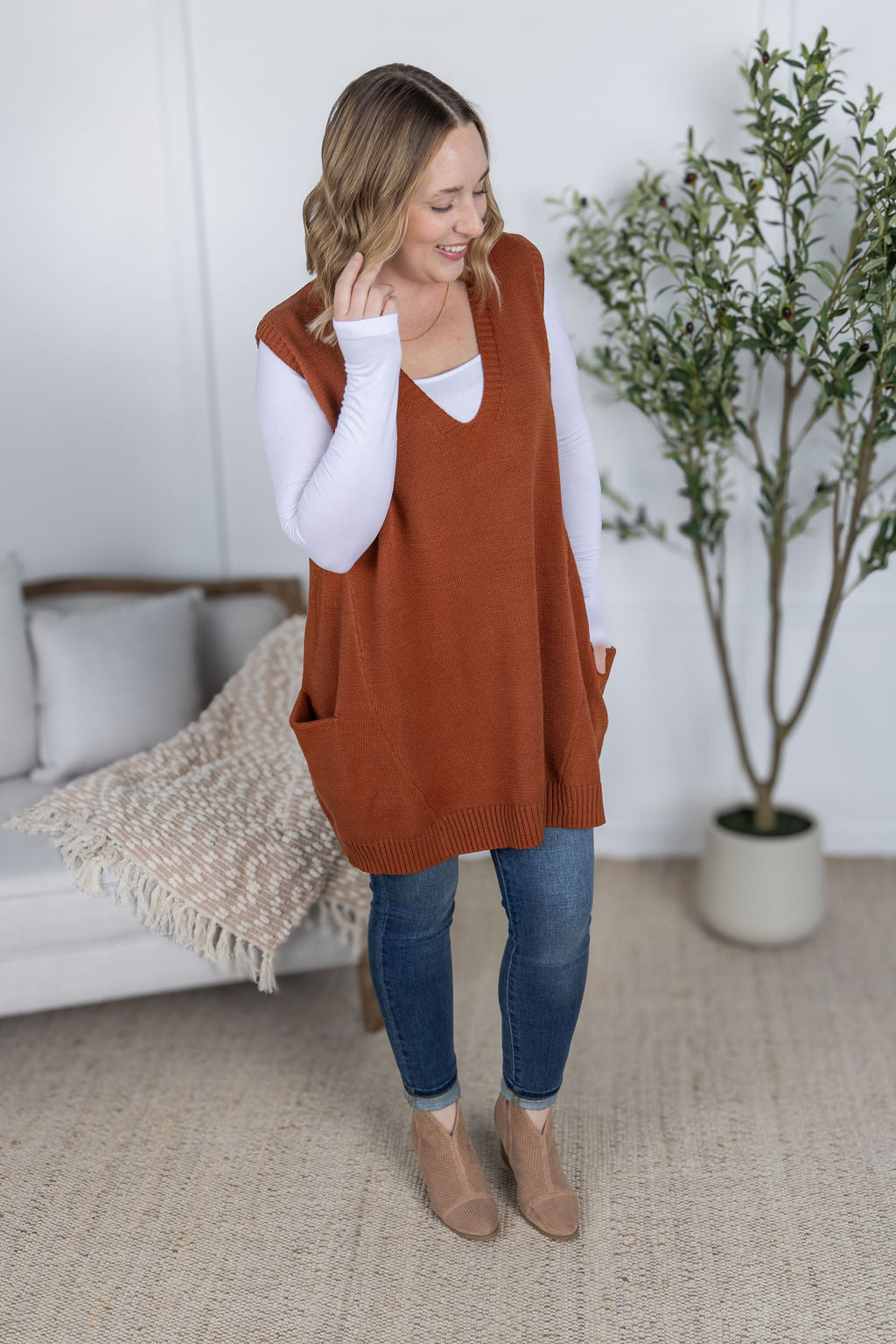 IN STOCK Tunic Sweater Vest - Rust