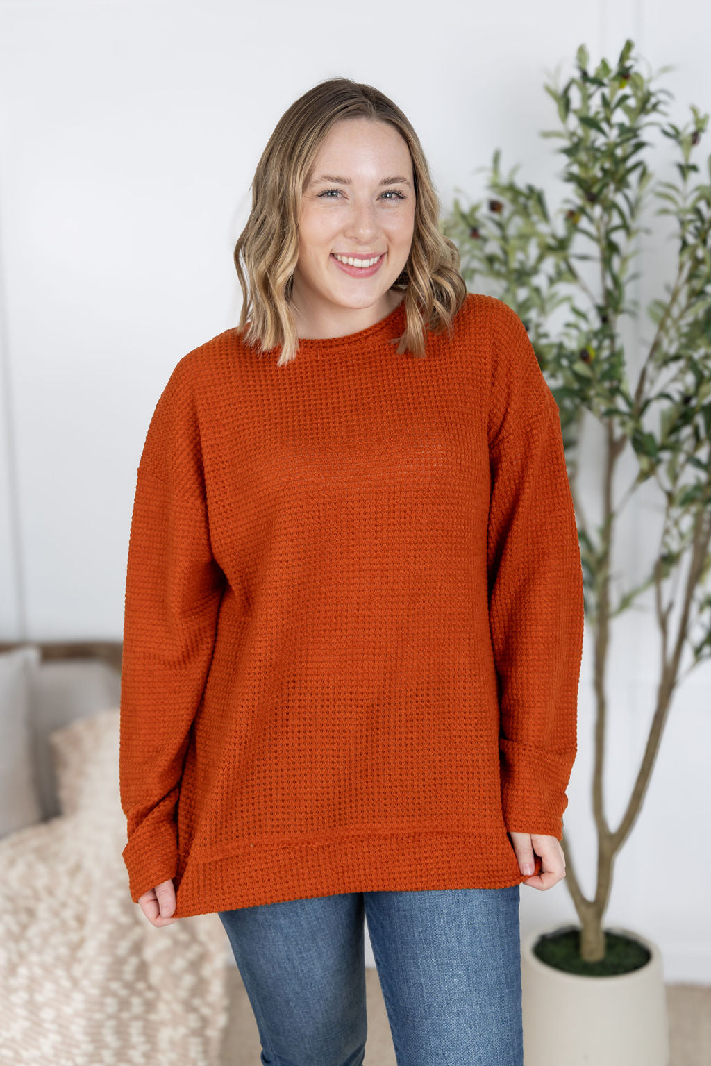 IN STOCK Waffle Knit Long Sleeve Top - Pumpkin