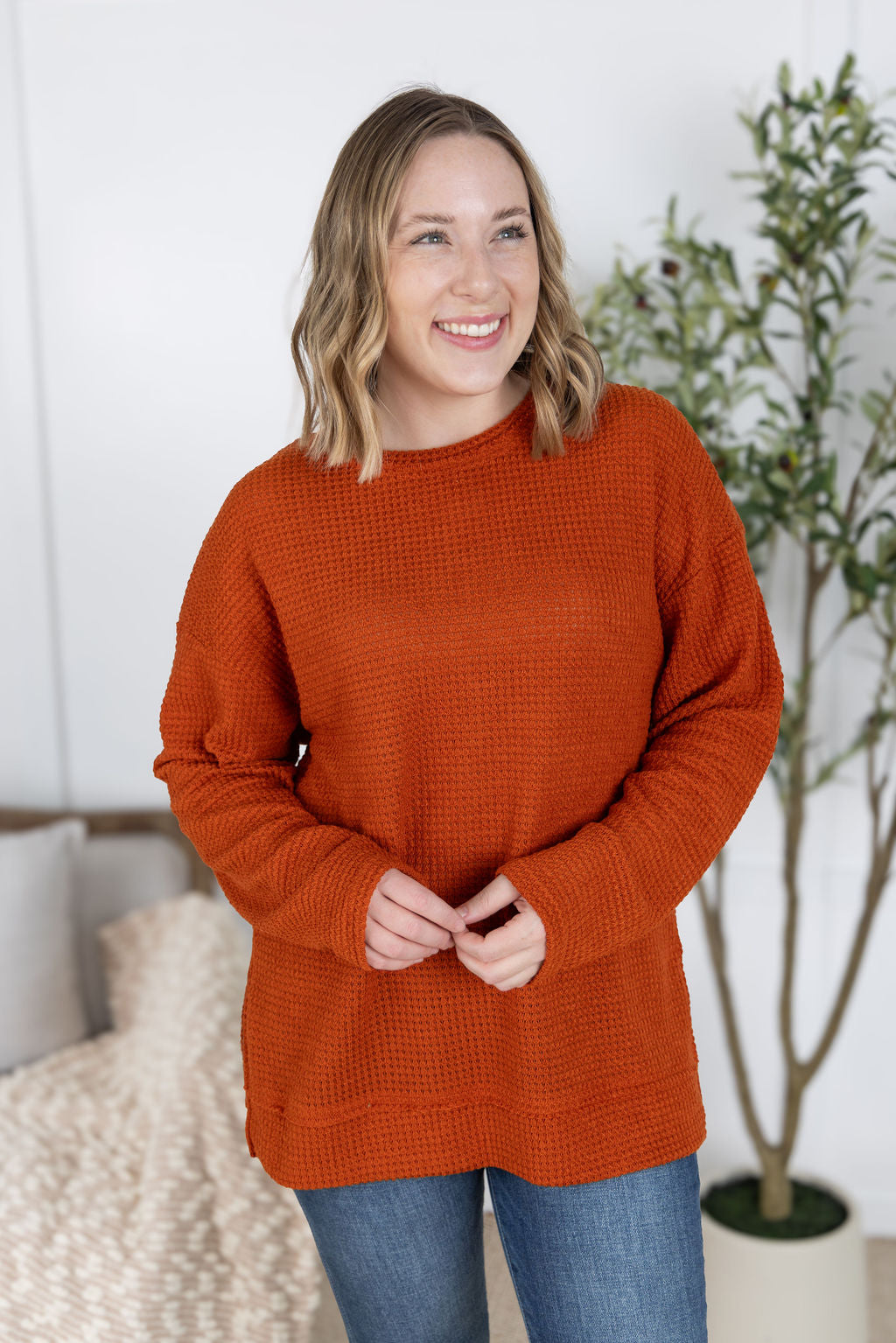 IN STOCK Waffle Knit Long Sleeve Top - Pumpkin