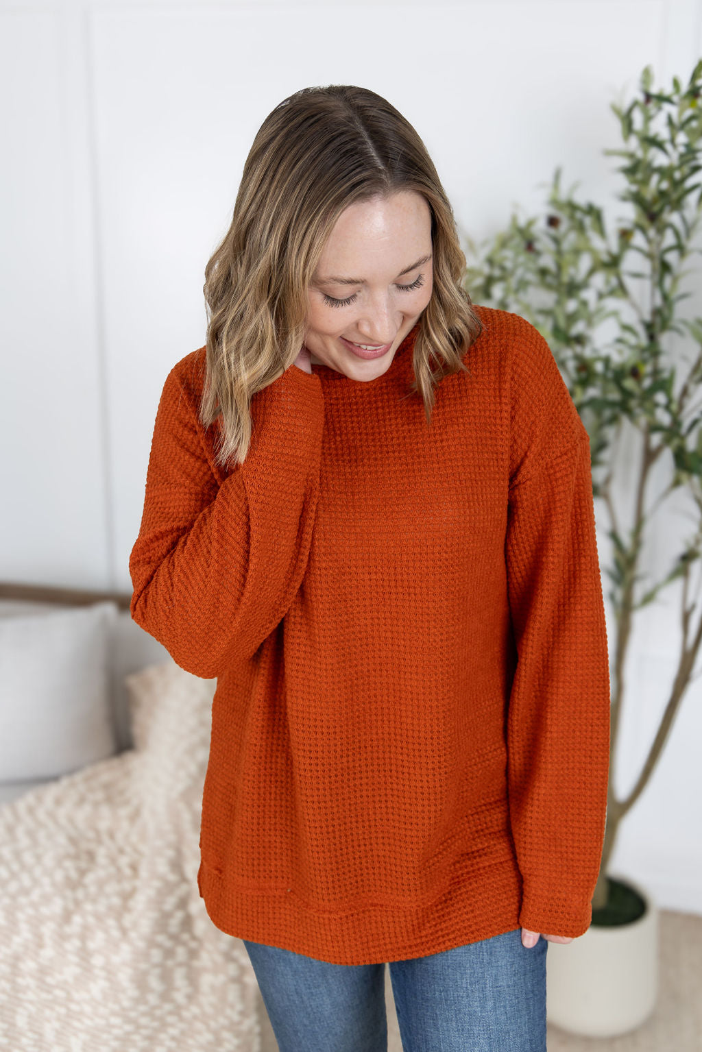 IN STOCK Waffle Knit Long Sleeve Top - Pumpkin