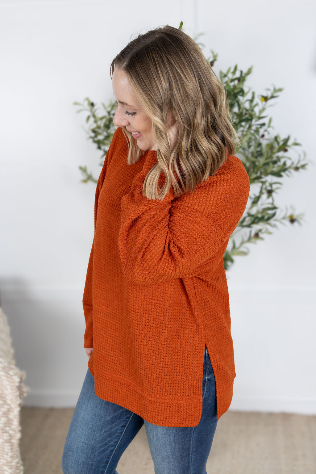 IN STOCK Waffle Knit Long Sleeve Top - Pumpkin