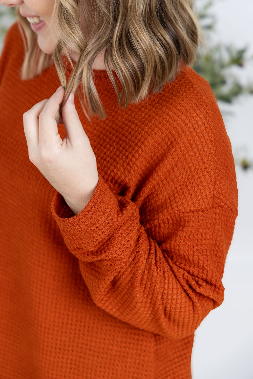 IN STOCK Waffle Knit Long Sleeve Top - Pumpkin
