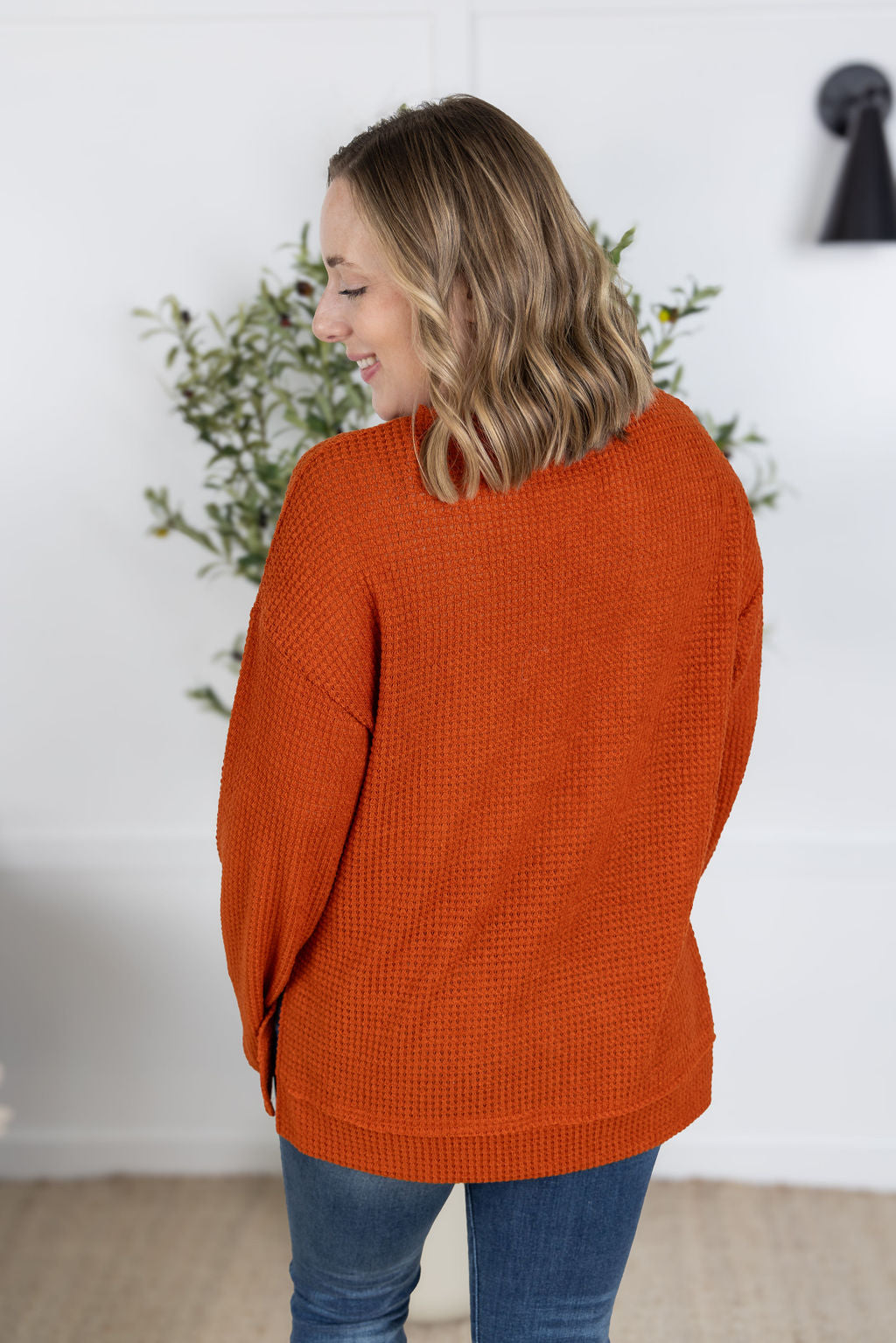 IN STOCK Waffle Knit Long Sleeve Top - Pumpkin