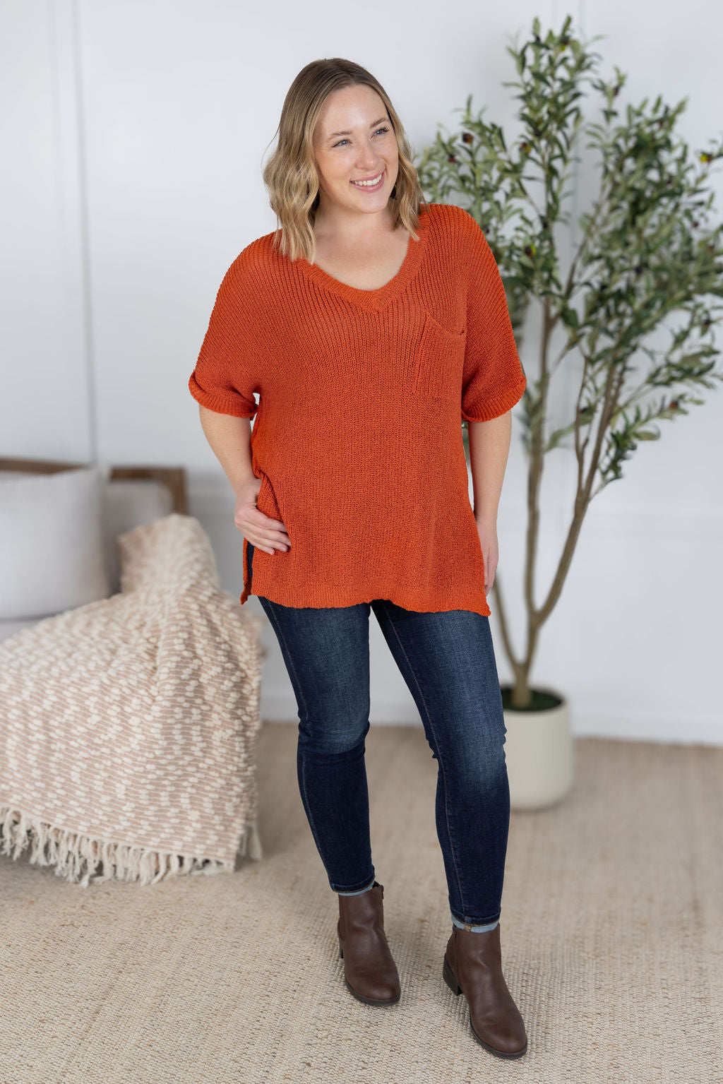 IN STOCK Annie Open Knit Top - Pumpkin