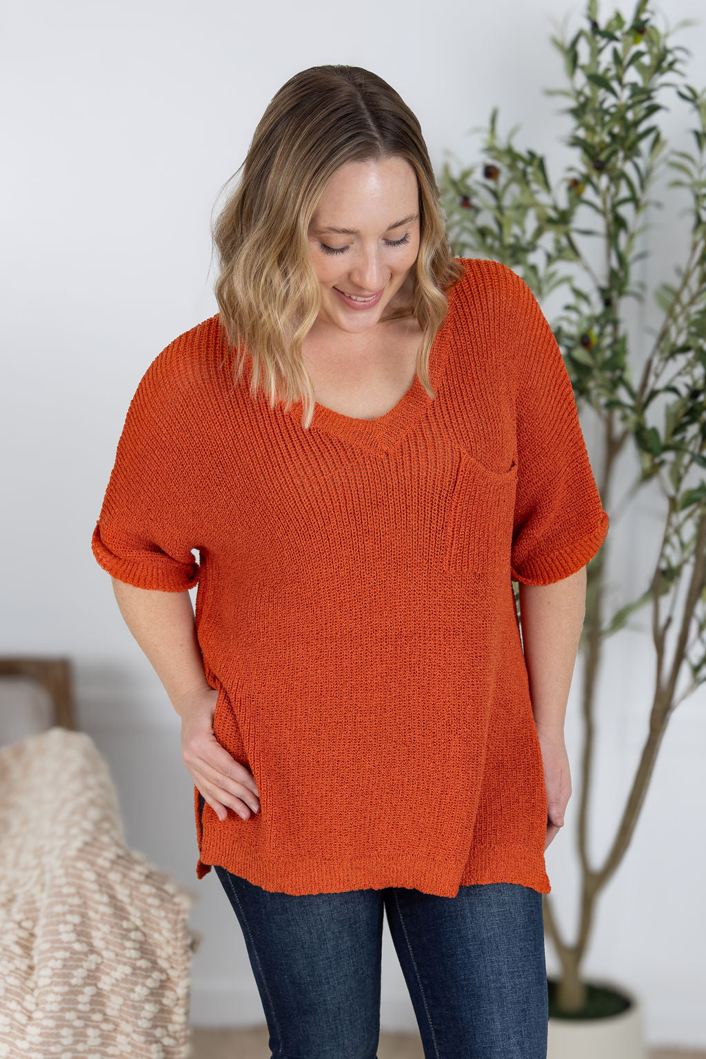 IN STOCK Annie Open Knit Top - Pumpkin