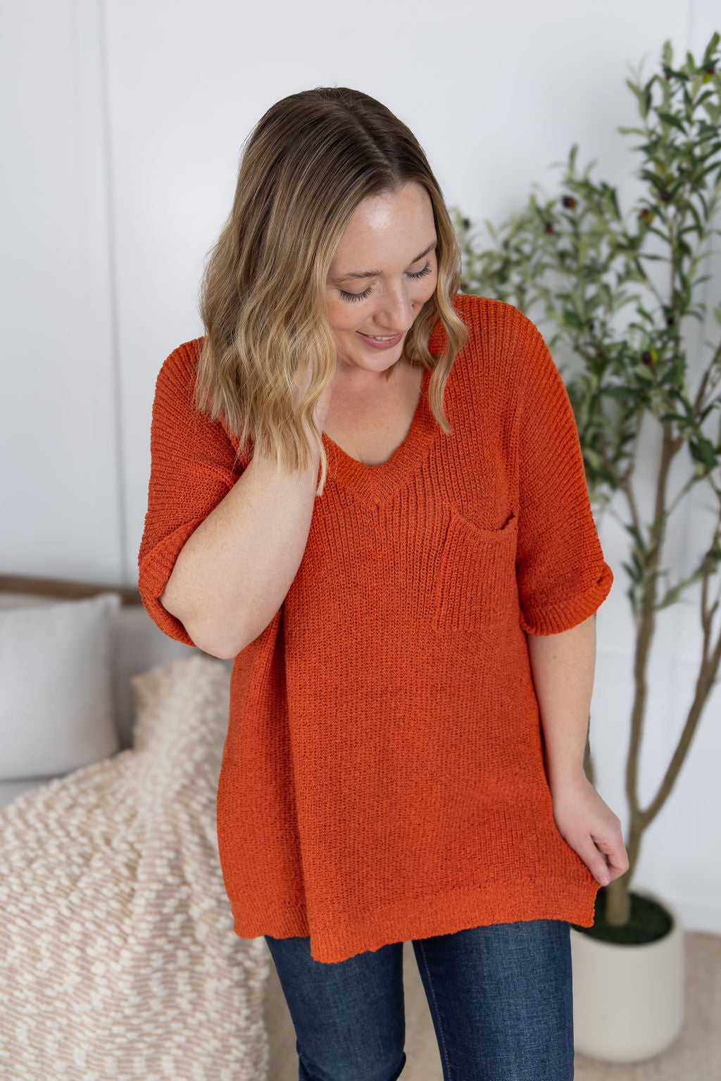 IN STOCK Annie Open Knit Top - Pumpkin