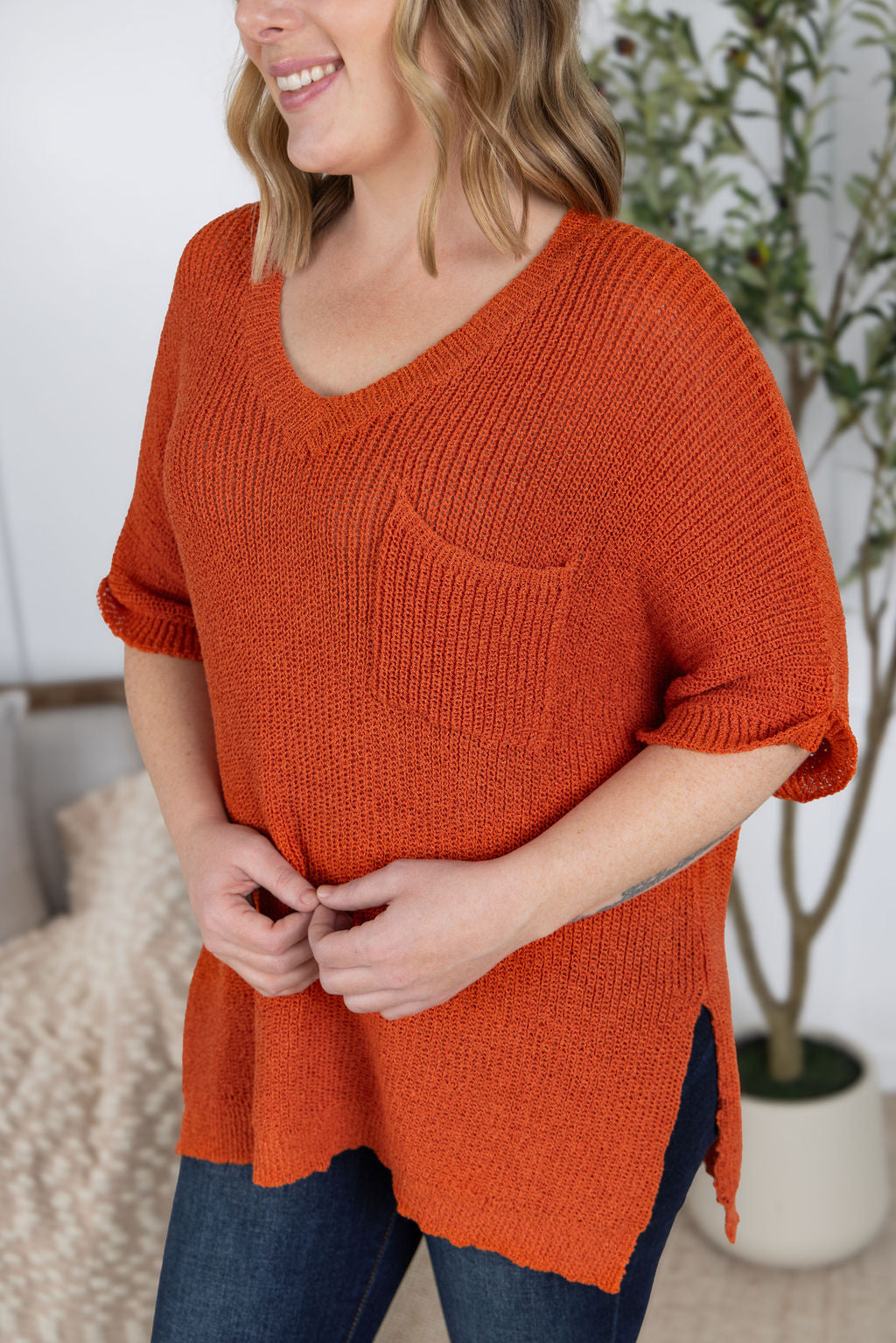 IN STOCK Annie Open Knit Top - Pumpkin