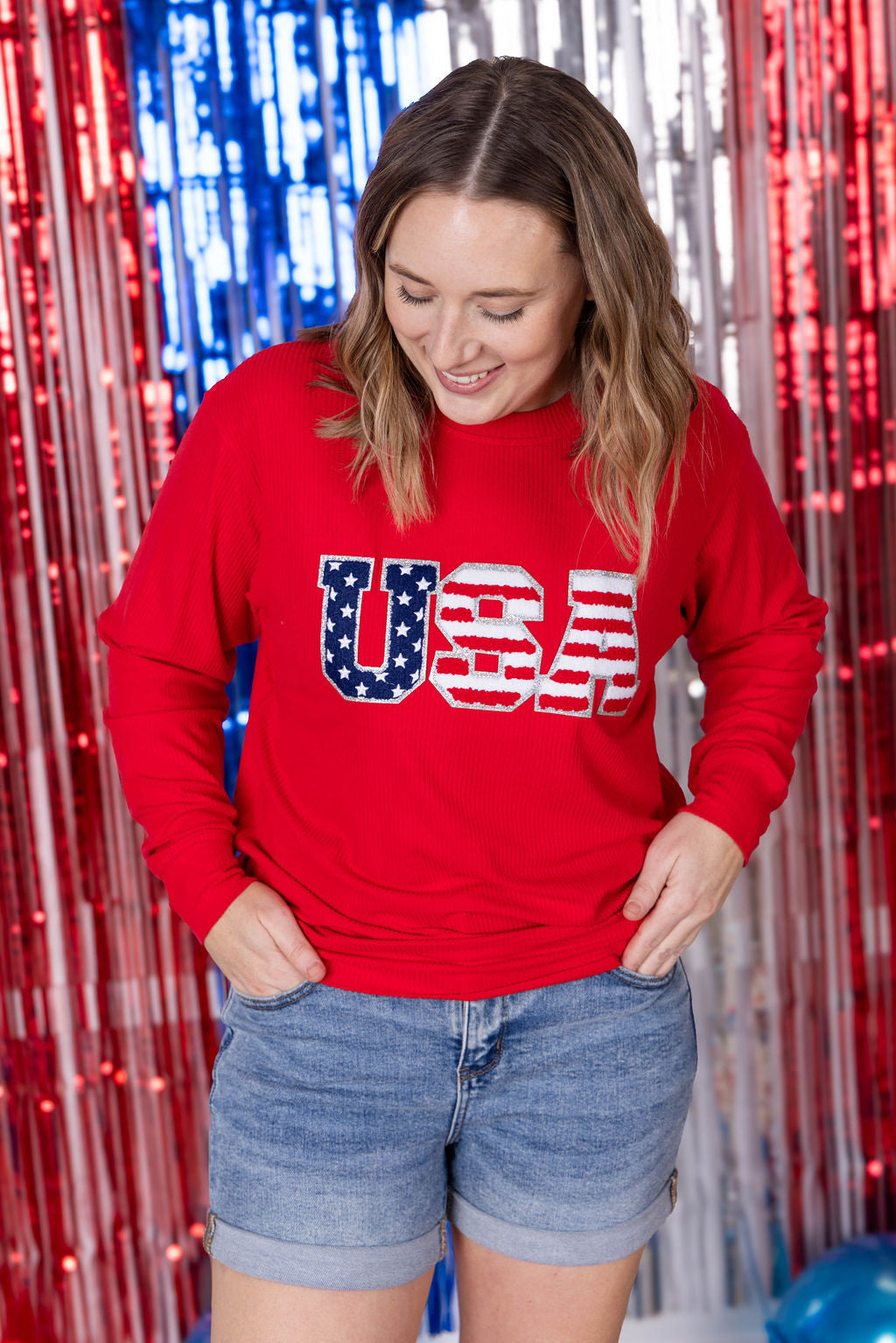 IN STOCK Corrine Pullover Top - Red USA Flag