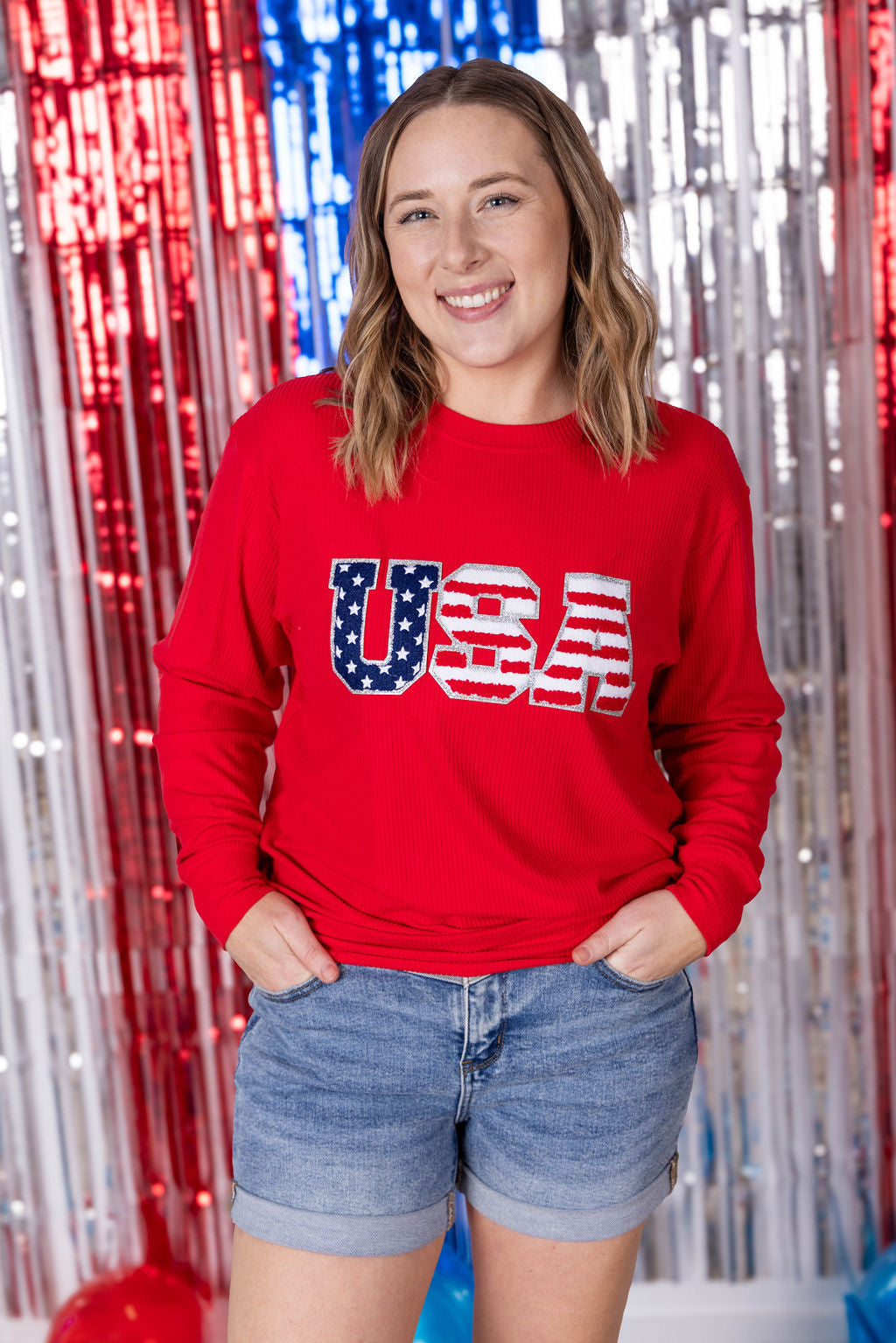 IN STOCK Corrine Pullover Top - Red USA Flag