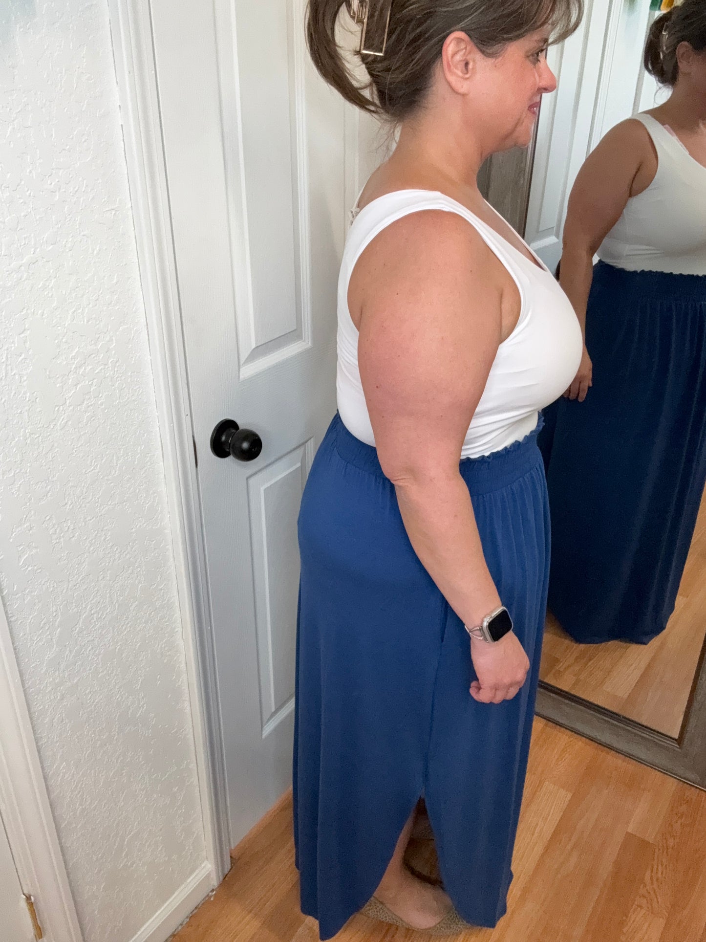 NAT SMOCKED WAIST MIDI MAXI SKIRT - NAVY -ZENANA