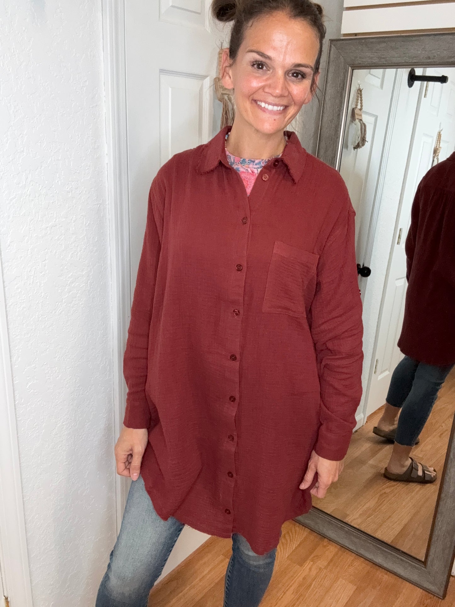 GAYLE GAUZE T-SHIRT DRESS/SHIRT COGNAC- MITTOSHOP