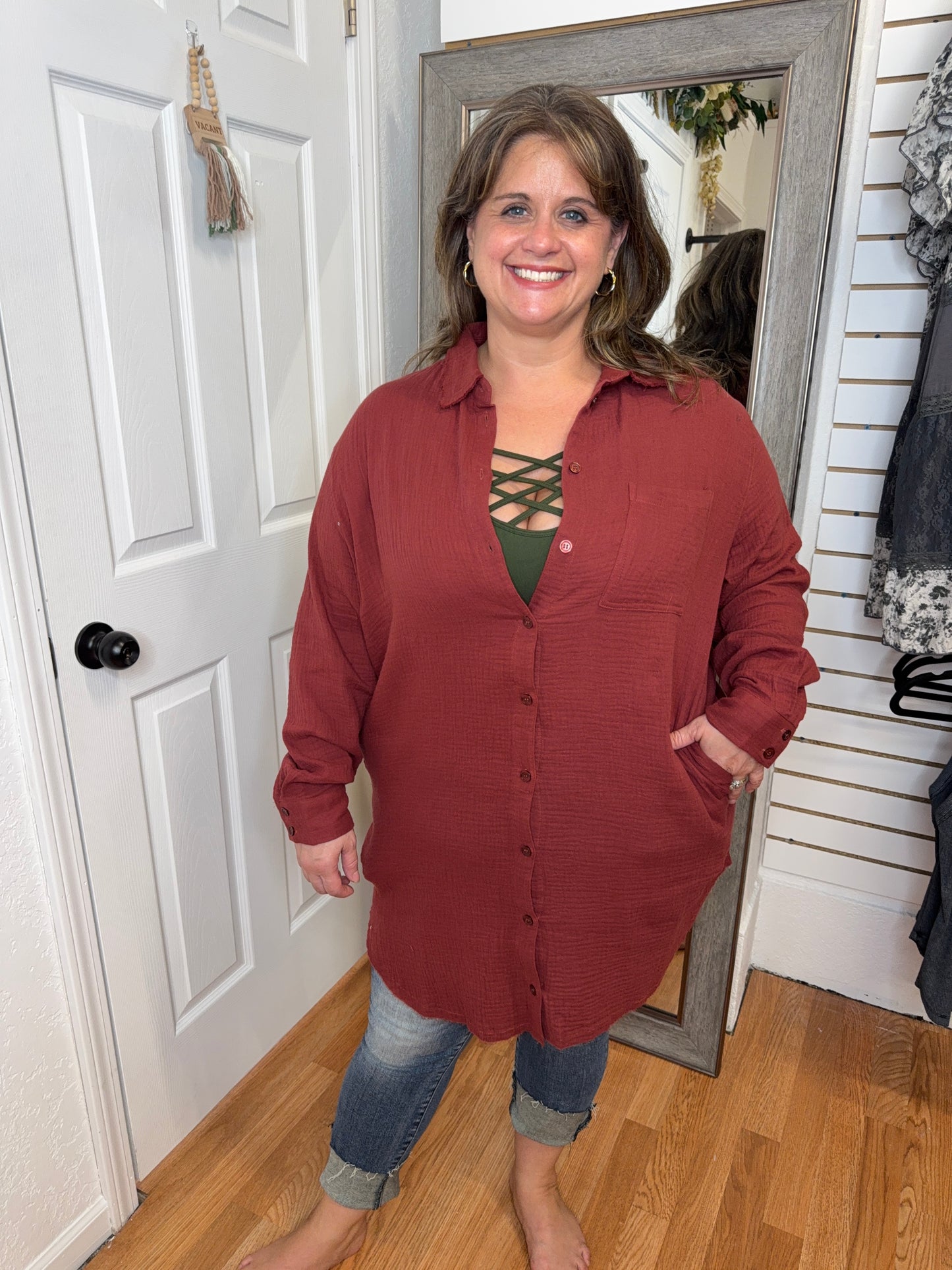 GAYLE GAUZE T-SHIRT DRESS/SHIRT COGNAC- MITTOSHOP