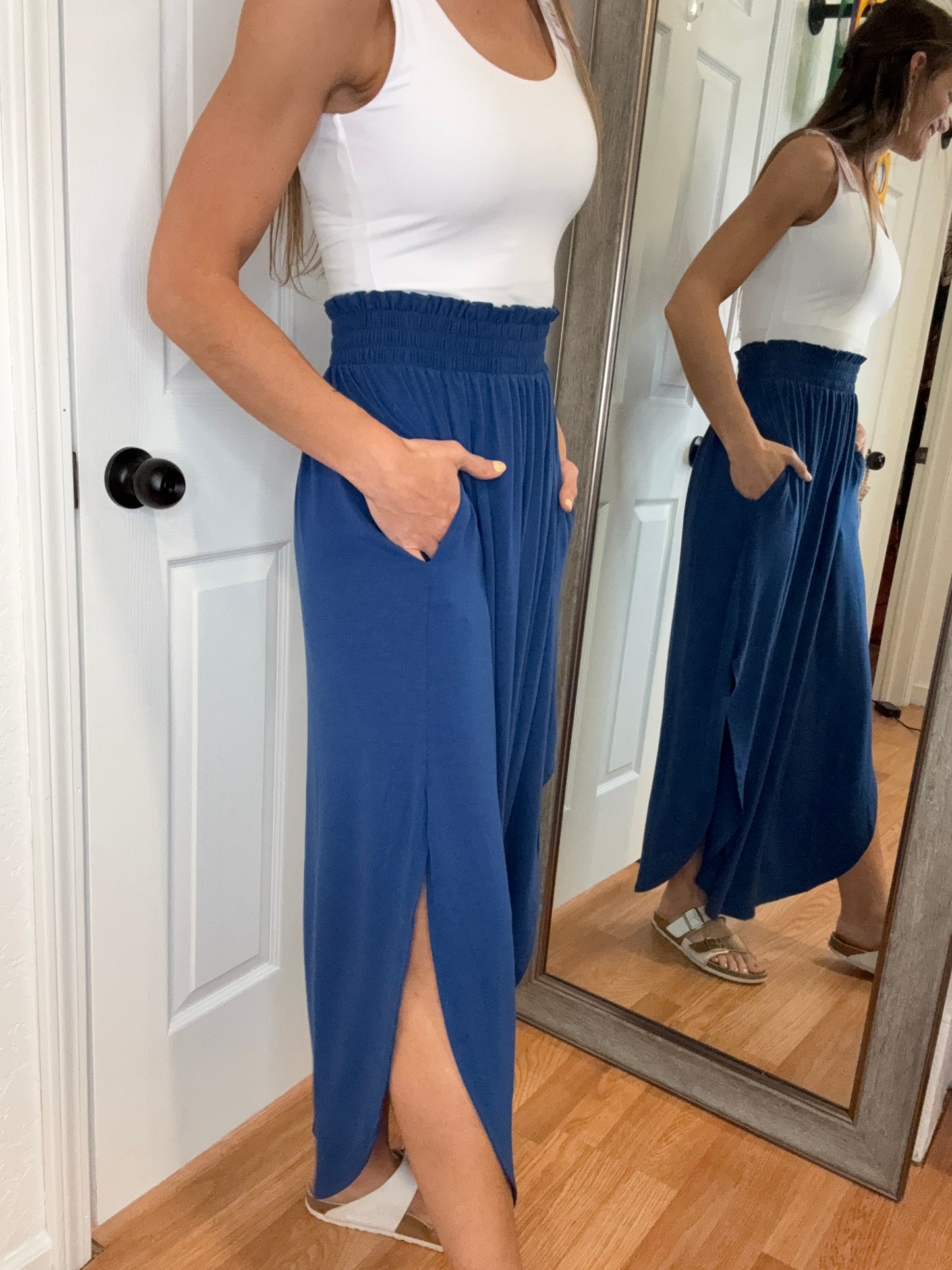 NAT SMOCKED WAIST MIDI MAXI SKIRT - NAVY -ZENANA
