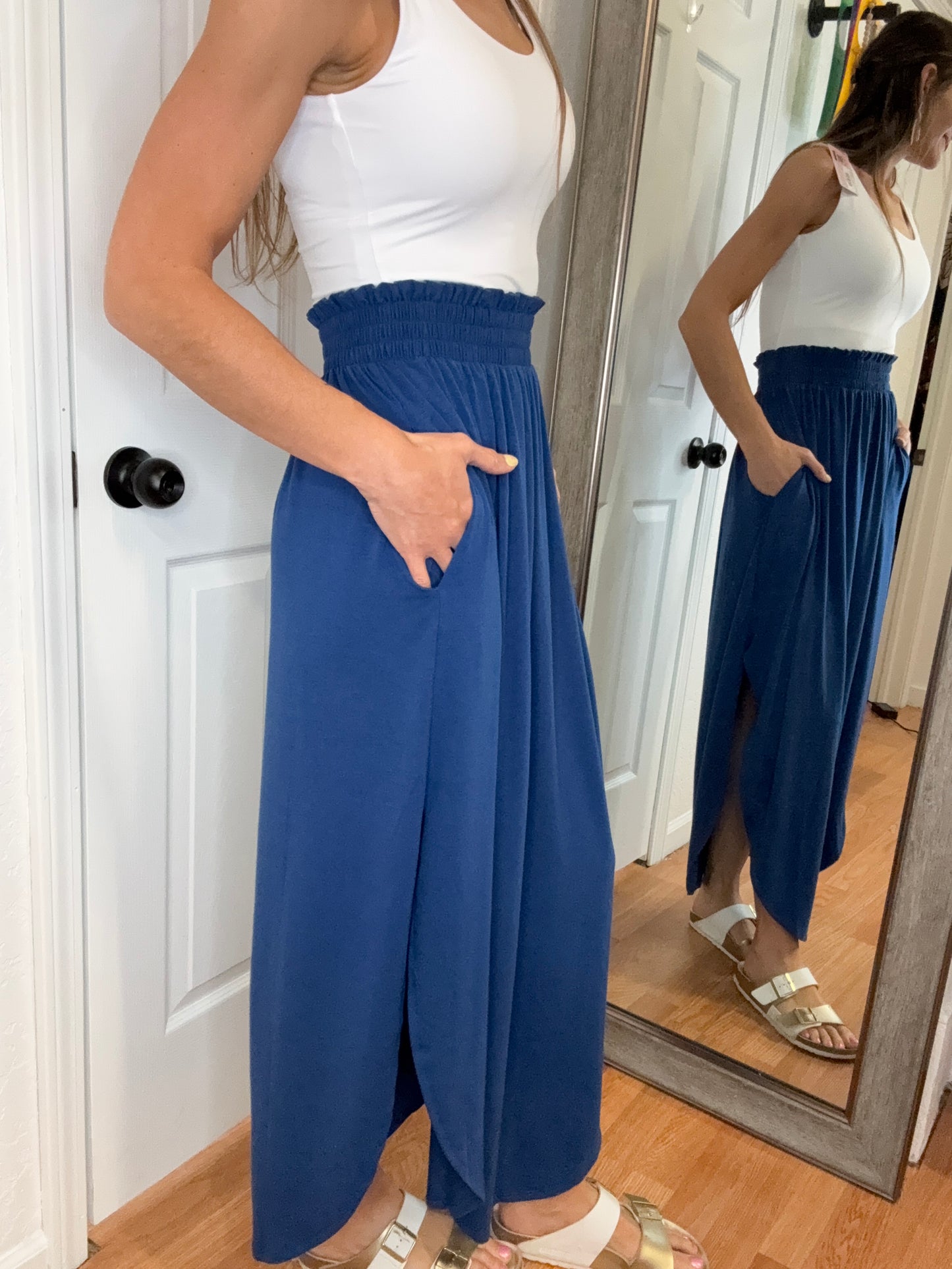 NAT SMOCKED WAIST MIDI MAXI SKIRT - NAVY -ZENANA