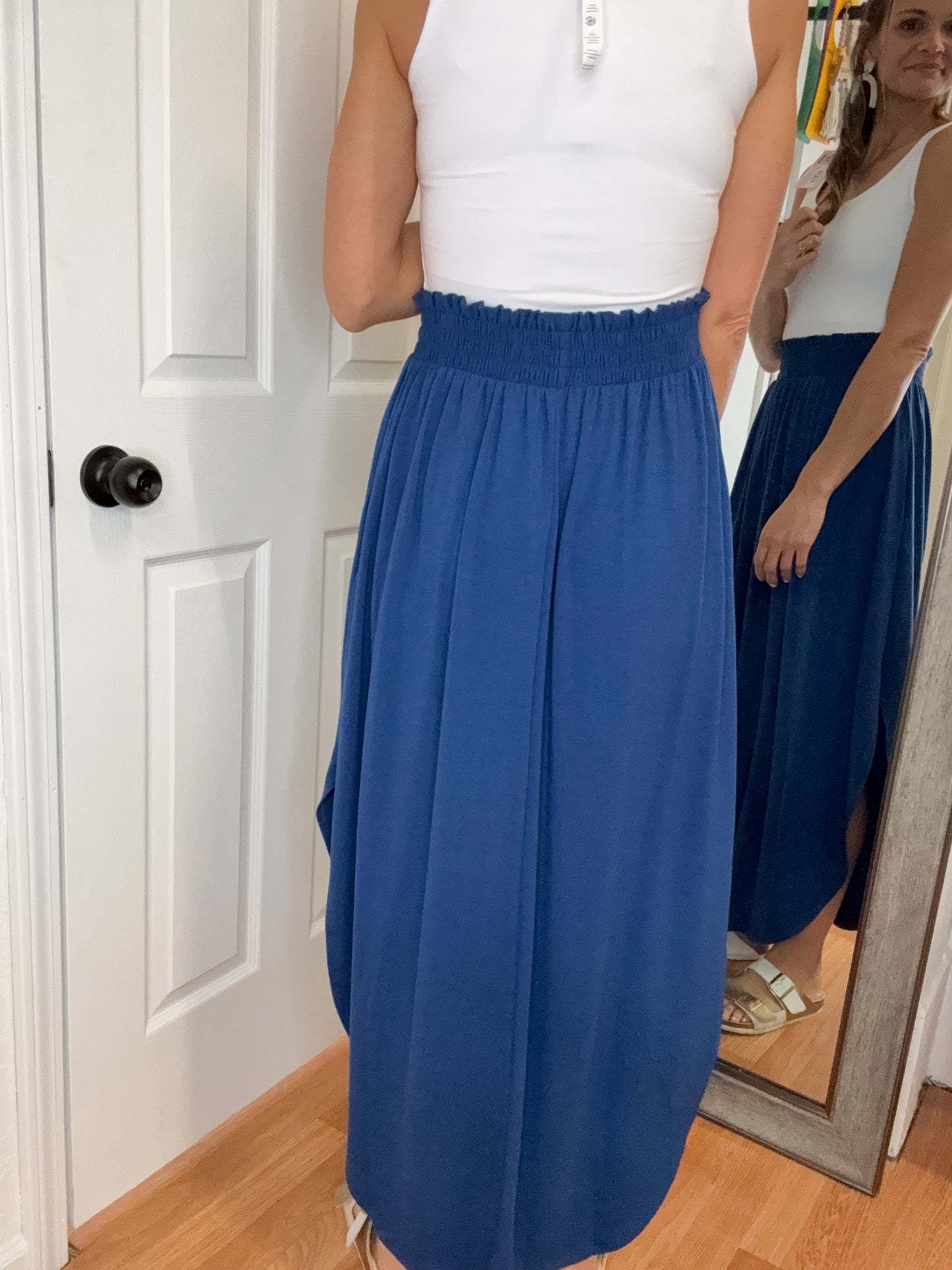 NAT SMOCKED WAIST MIDI MAXI SKIRT - NAVY -ZENANA
