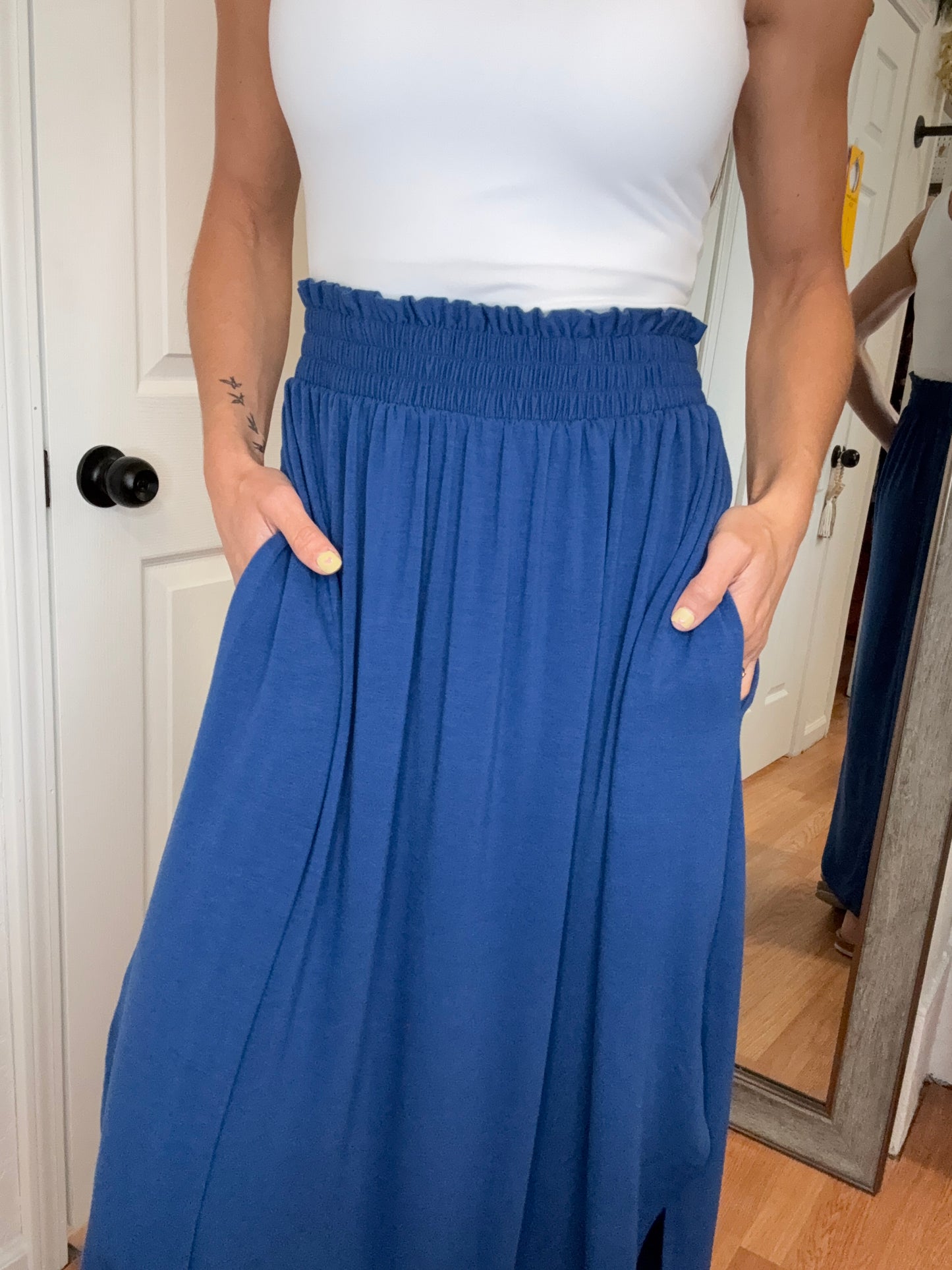 NAT SMOCKED WAIST MIDI MAXI SKIRT - NAVY -ZENANA