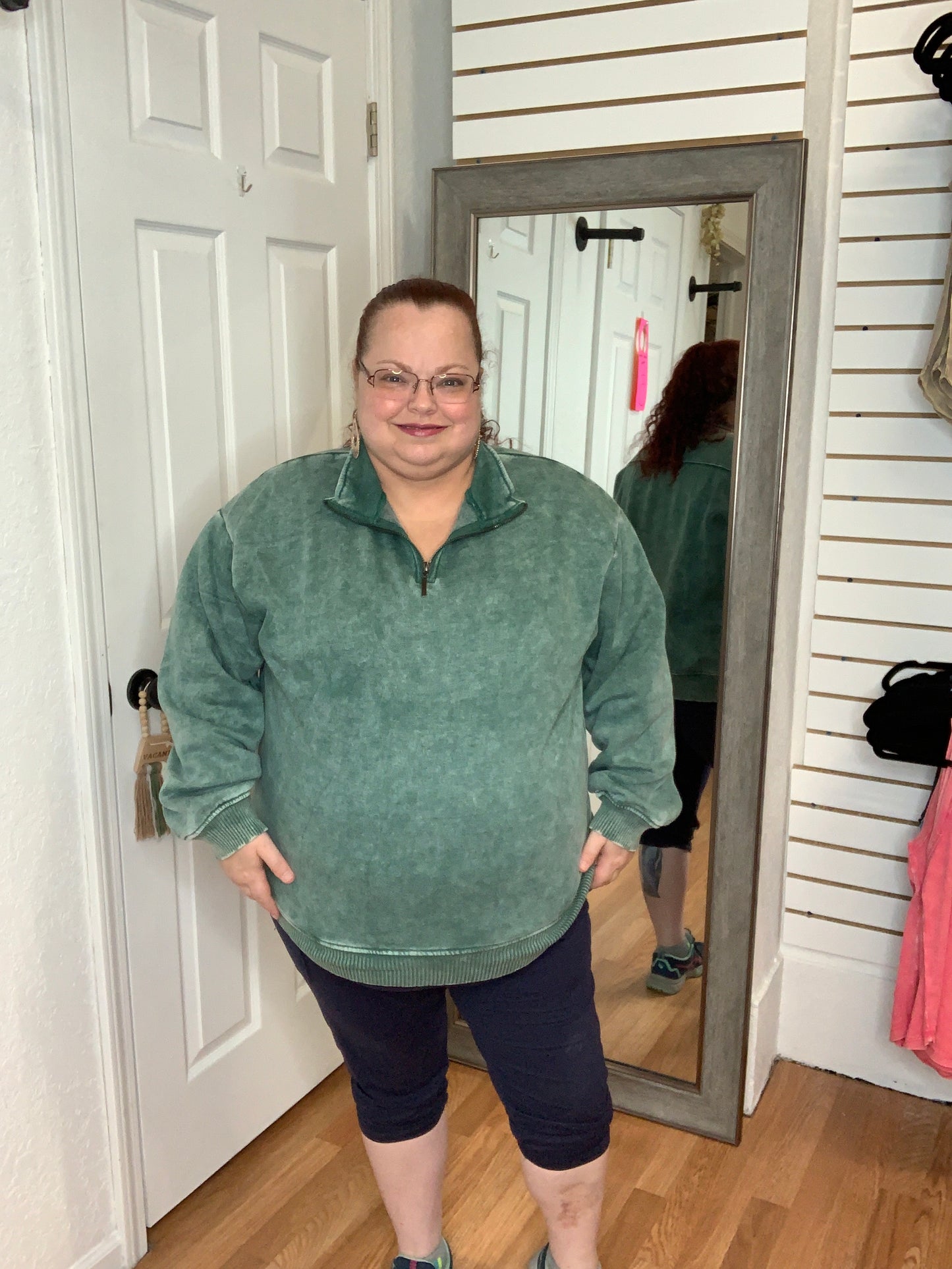 BAILEY COLLARED HALF ZIP PULLOVER SWEATSHIRT GREEN - ZENANA