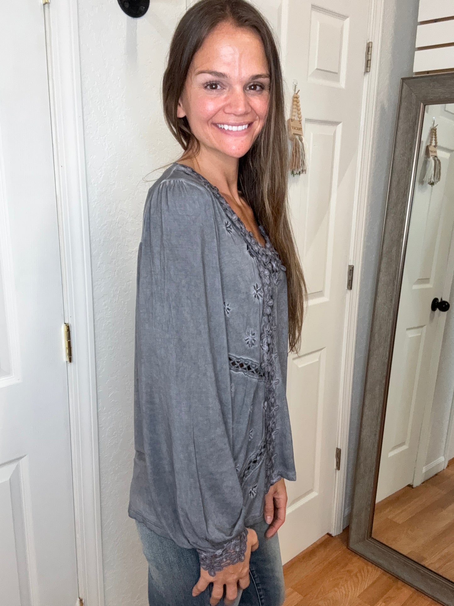 TILLIE LACE TRIMMED LONG SLEEVE TOP CHARCOAL- POL