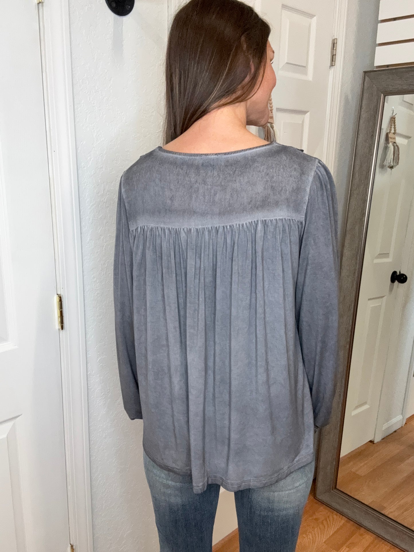 TILLIE LACE TRIMMED LONG SLEEVE TOP CHARCOAL- POL