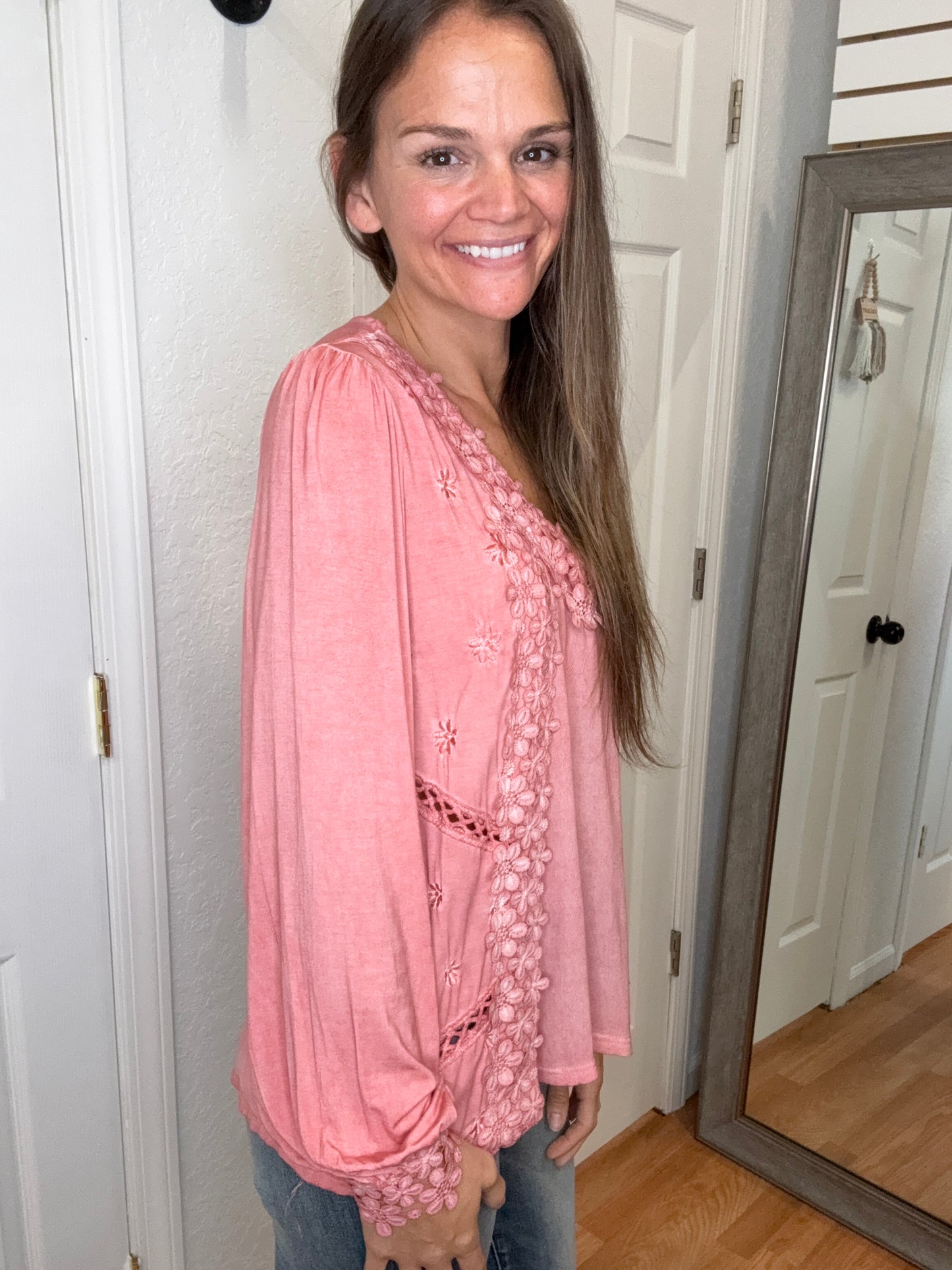 TILLIE LACE TRIMMED LONG SLEEVE TOP GUAVA - POL