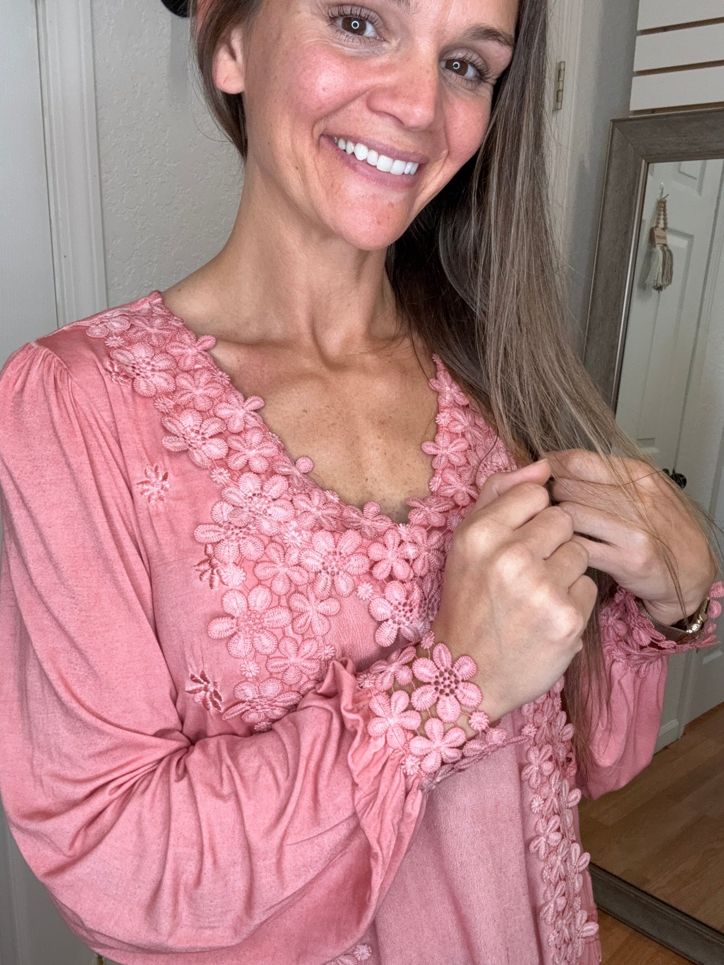 TILLIE LACE TRIMMED LONG SLEEVE TOP GUAVA - POL