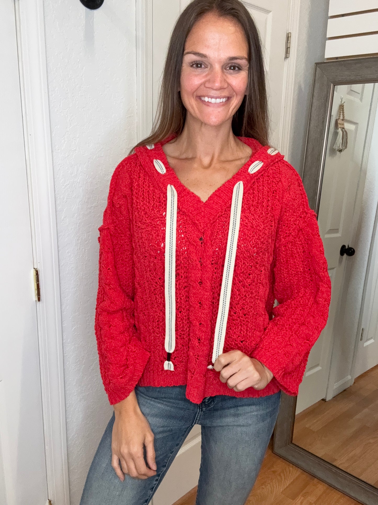 CRYSTAL CHENILLE HOODED SWEATER TOP RED- POL