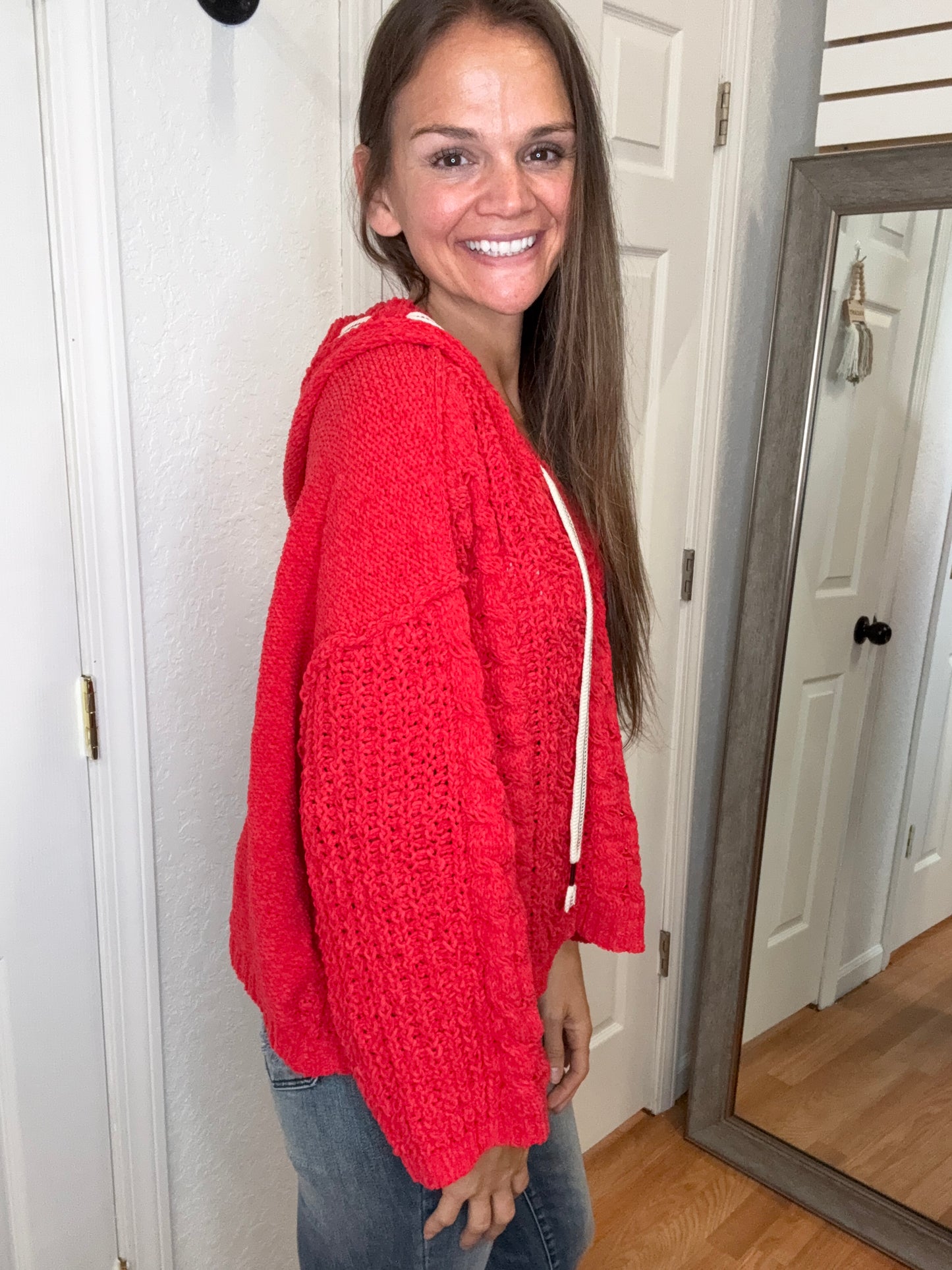 CRYSTAL CHENILLE HOODED SWEATER TOP RED- POL