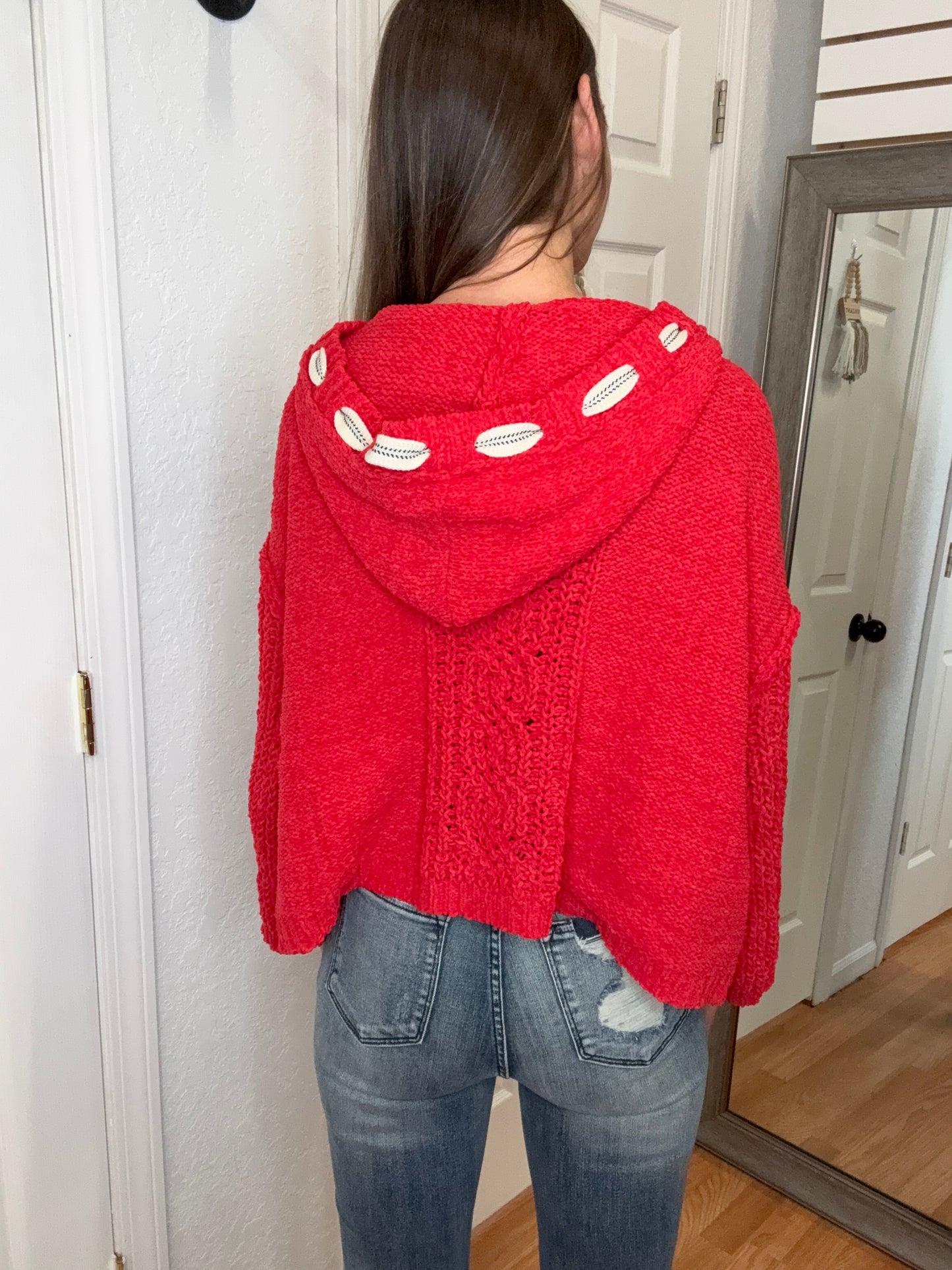 CRYSTAL CHENILLE HOODED SWEATER TOP RED- POL