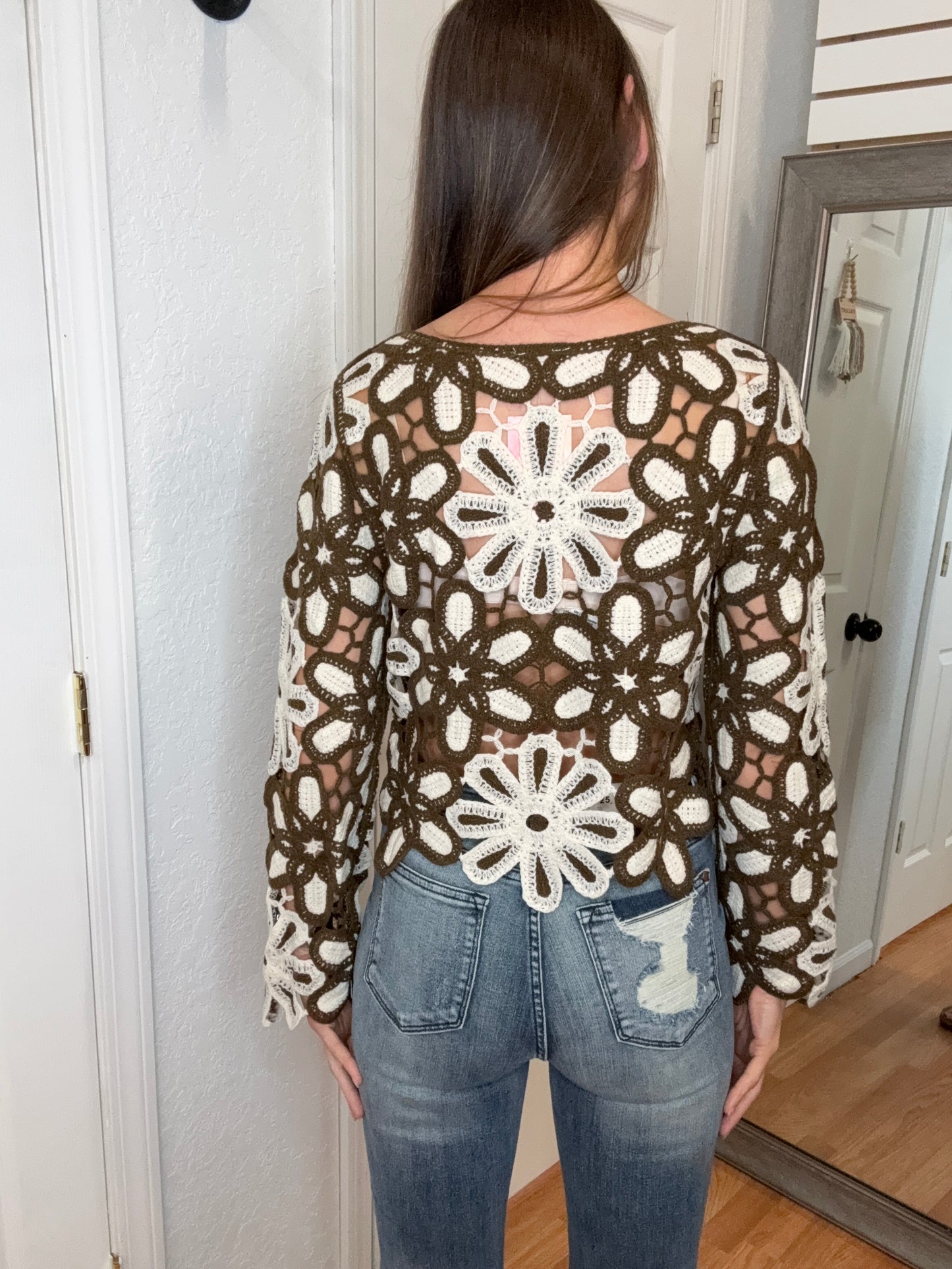 LYLA OPEN KNIT CROCHET PULLOVER TOP BROWN/CREAM - POL