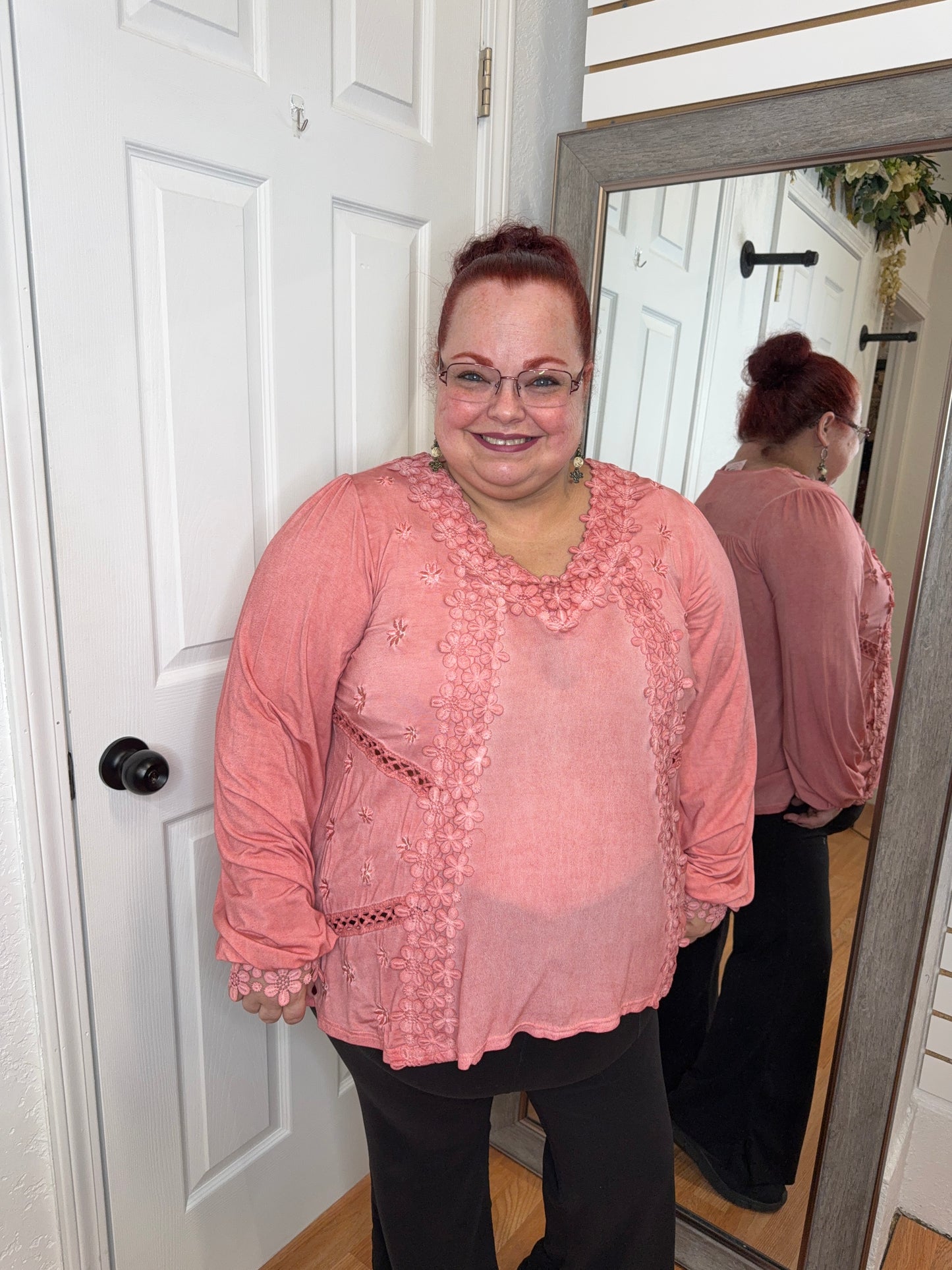 TILLIE LACE TRIMMED LONG SLEEVE TOP GUAVA - POL