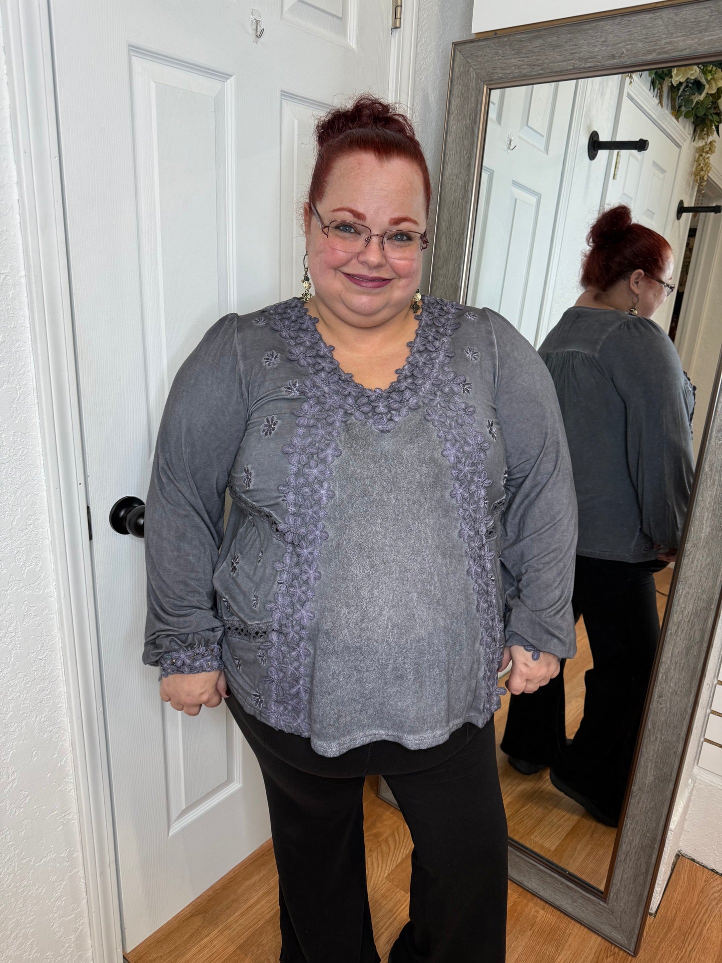 TILLIE LACE TRIMMED LONG SLEEVE TOP CHARCOAL- POL