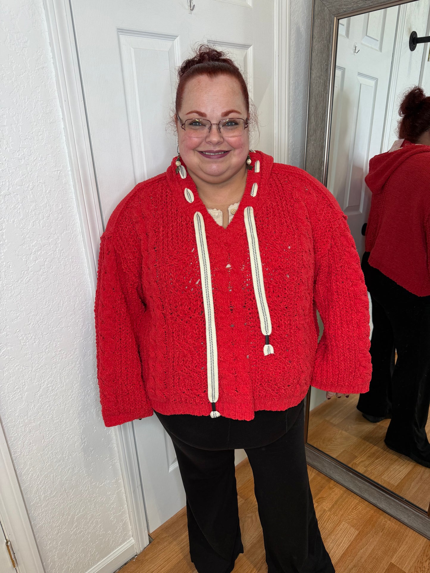 CRYSTAL CHENILLE HOODED SWEATER TOP RED- POL