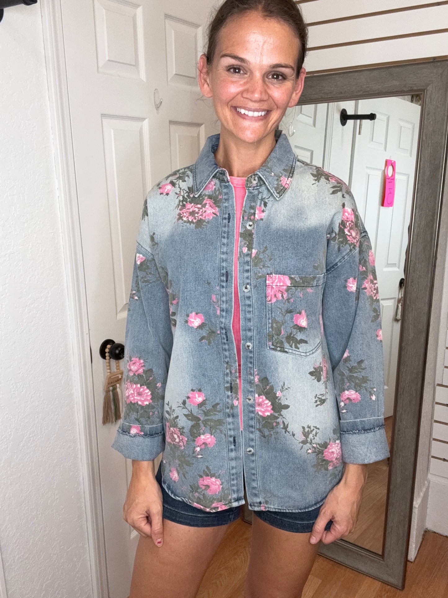 FLOWER PATCH DENIM BUTTON DOWN TOP - BIBI