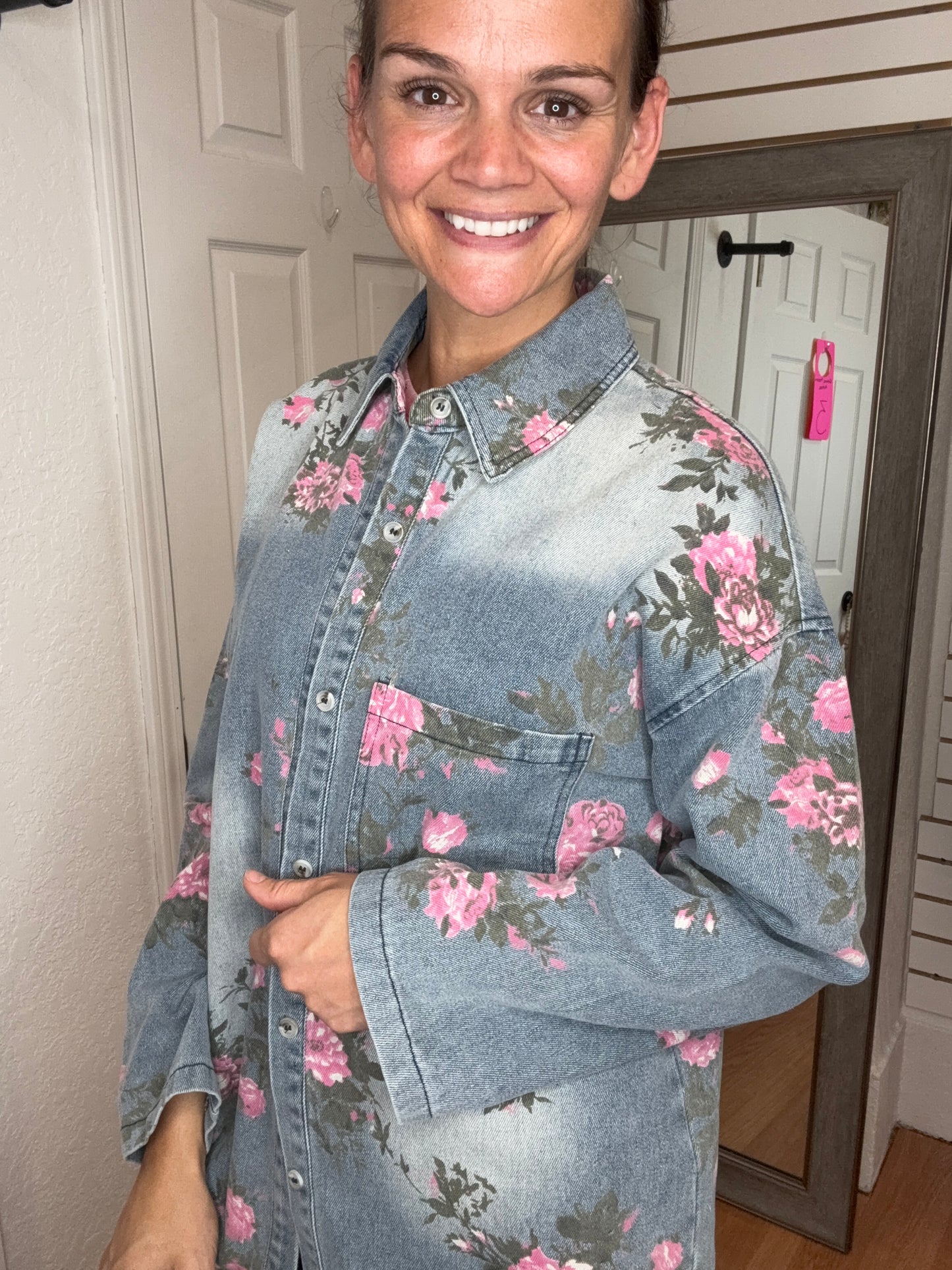 FLOWER PATCH DENIM BUTTON DOWN TOP - BIBI