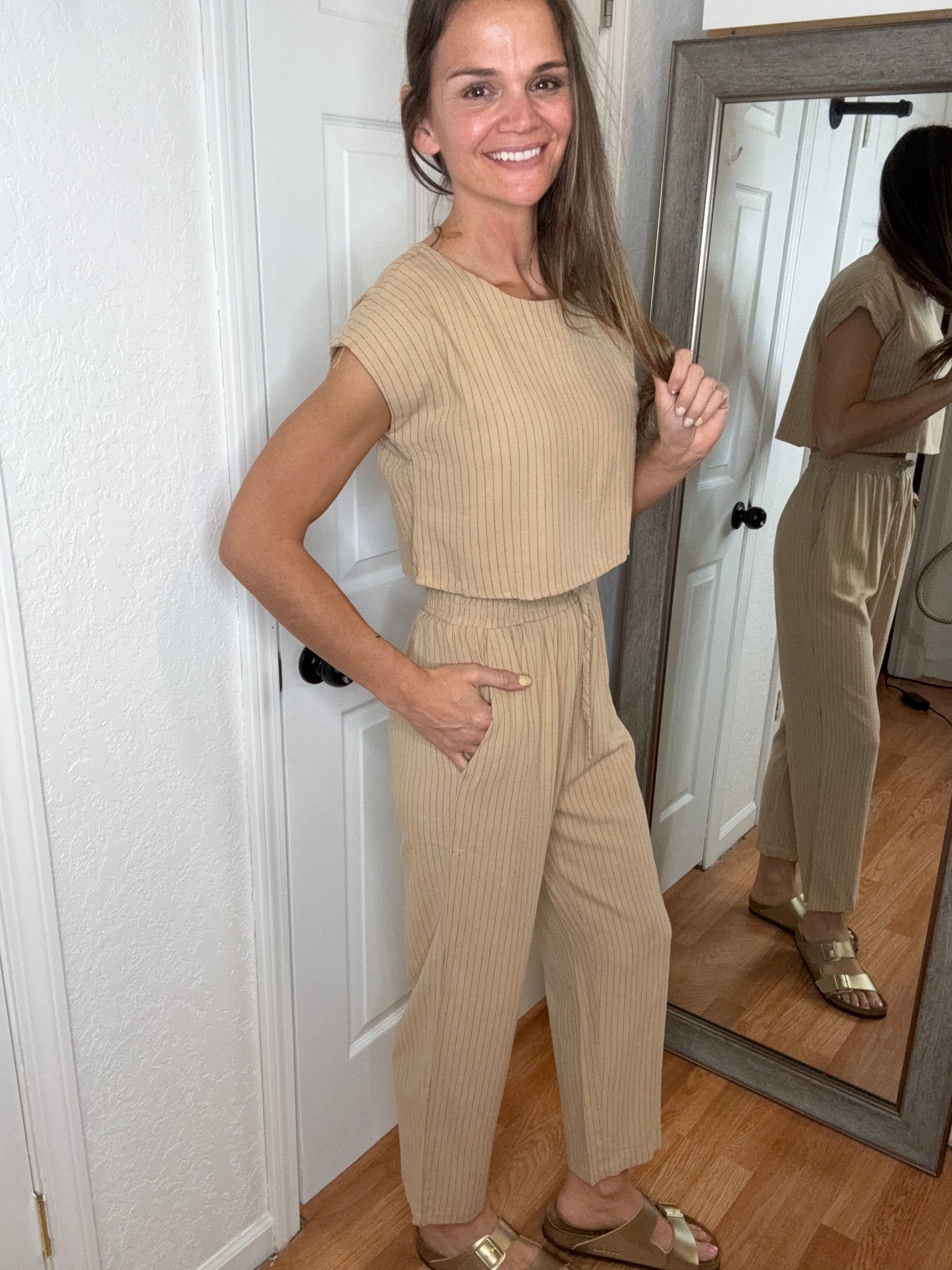 VESPER CROP TOP AND PANT SET - DARK KHAKI STRIPE -BLU PEPPER