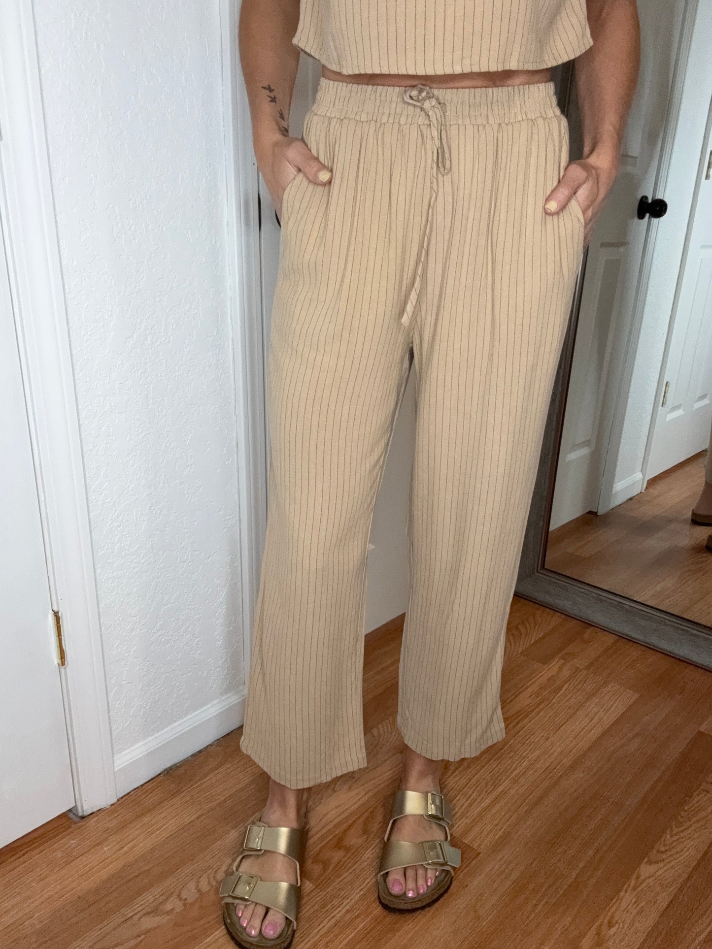 VESPER CROP TOP AND PANT SET - DARK KHAKI STRIPE -BLU PEPPER