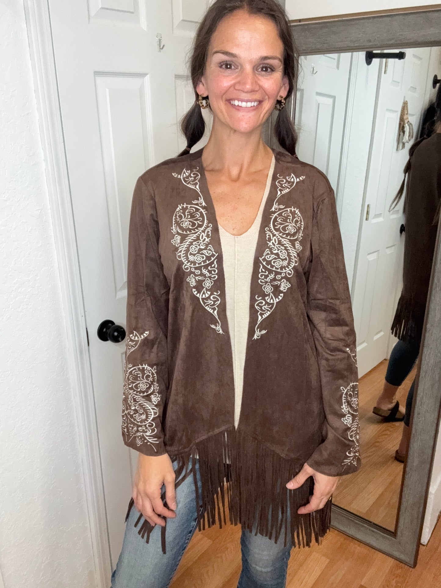 STALLION SEUDE FRINGE CARDIGAN/JACKET BROWN- VOCAL