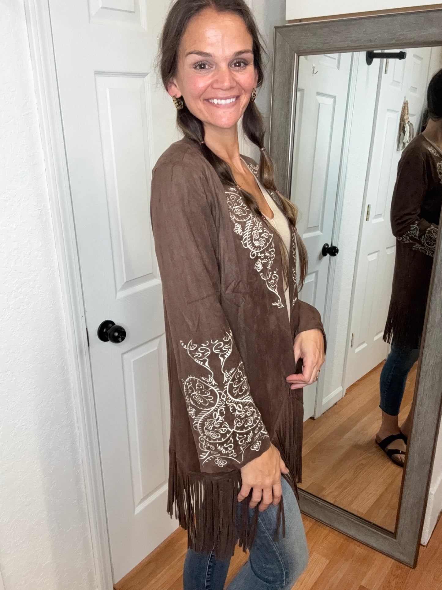 STALLION SEUDE FRINGE CARDIGAN/JACKET BROWN- VOCAL