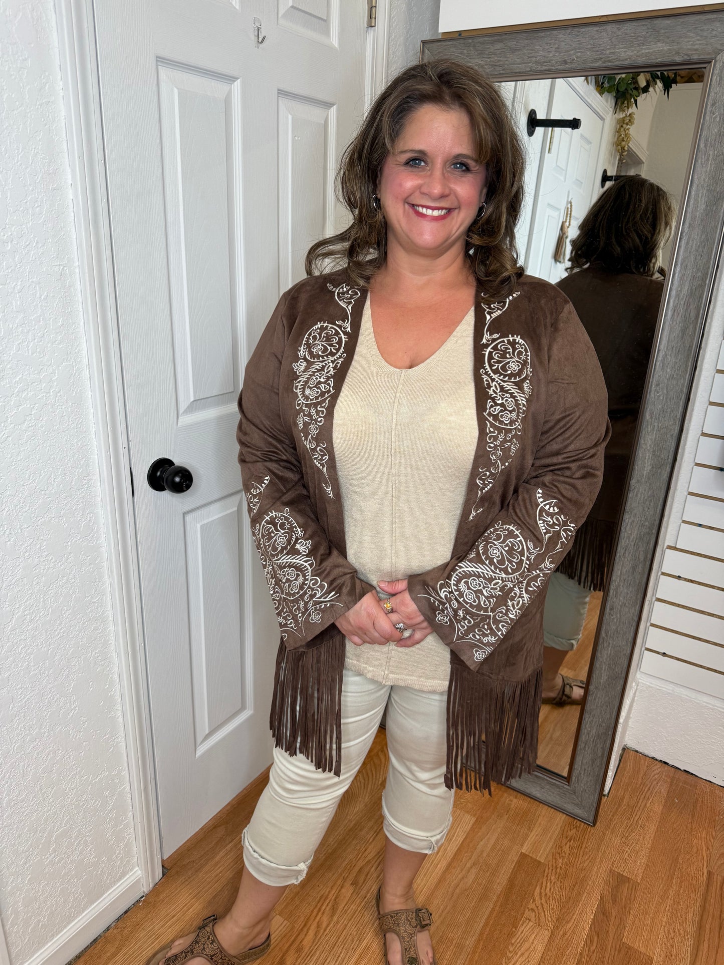 STALLION SEUDE FRINGE CARDIGAN/JACKET BROWN- VOCAL