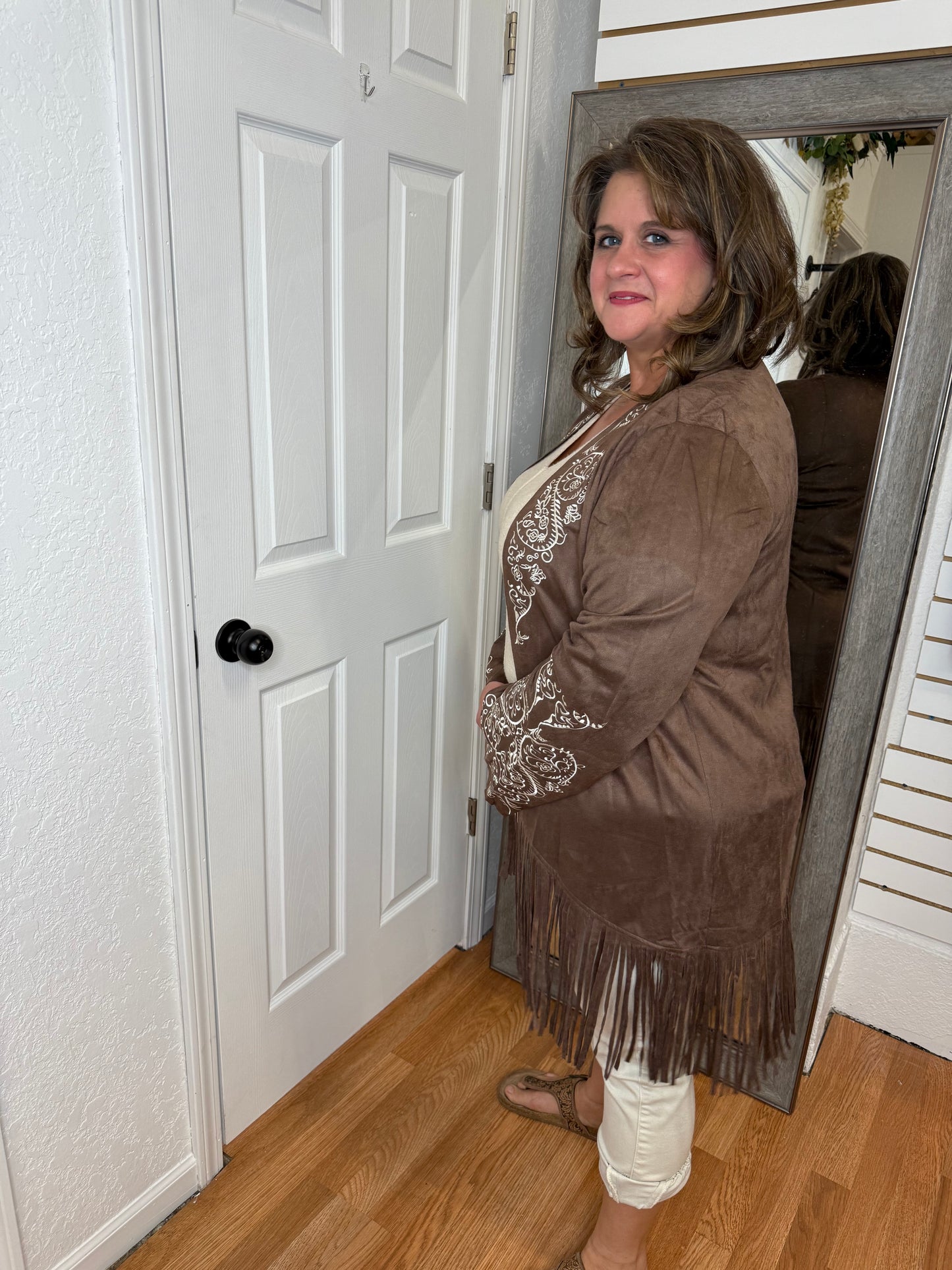 STALLION SEUDE FRINGE CARDIGAN/JACKET BROWN- VOCAL