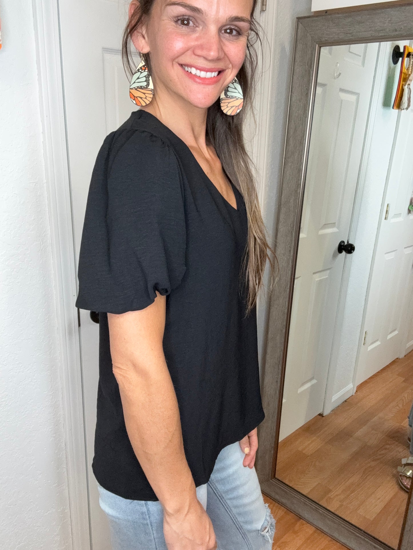 MICHELLE SHORT SLEEVE BLOUSE TOP - BLACK- MITTOSHOP