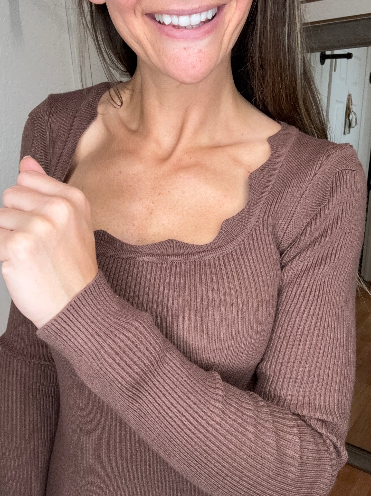 SABLE SCALLOPED LONG SLEEVE SWEATER TOP COCOA- MIKAROSE