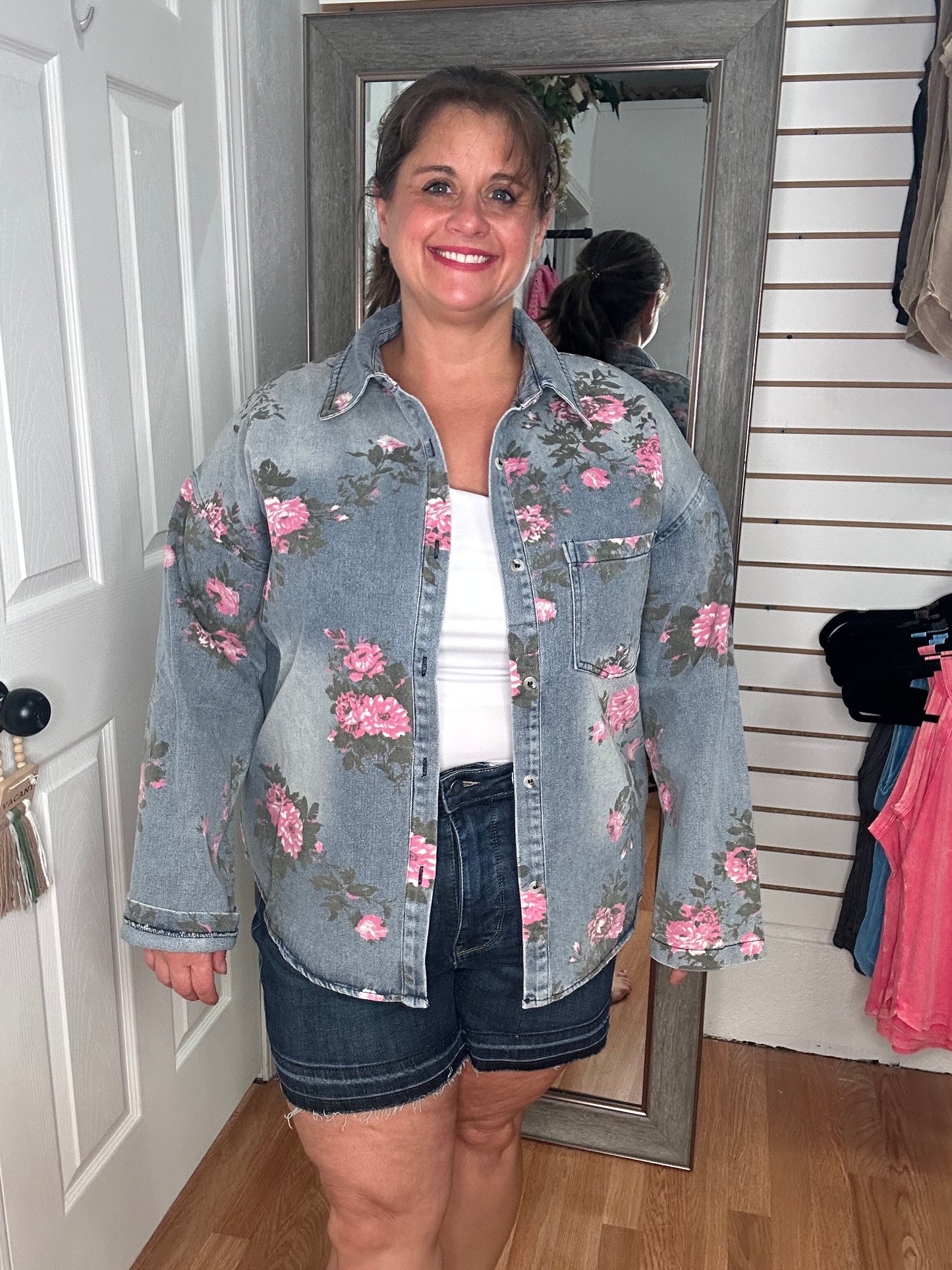 FLOWER PATCH DENIM BUTTON DOWN TOP - BIBI