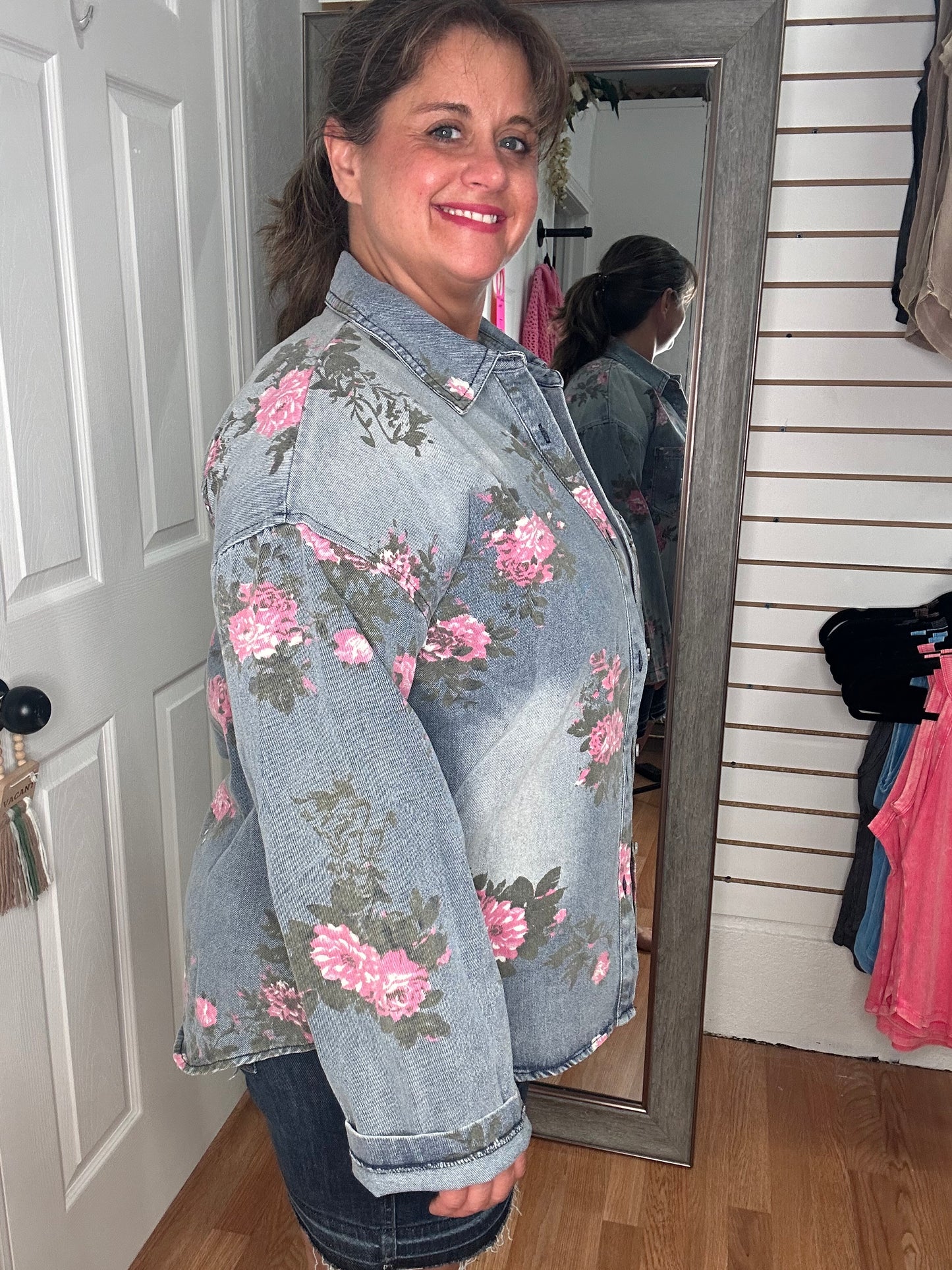 FLOWER PATCH DENIM BUTTON DOWN TOP - BIBI